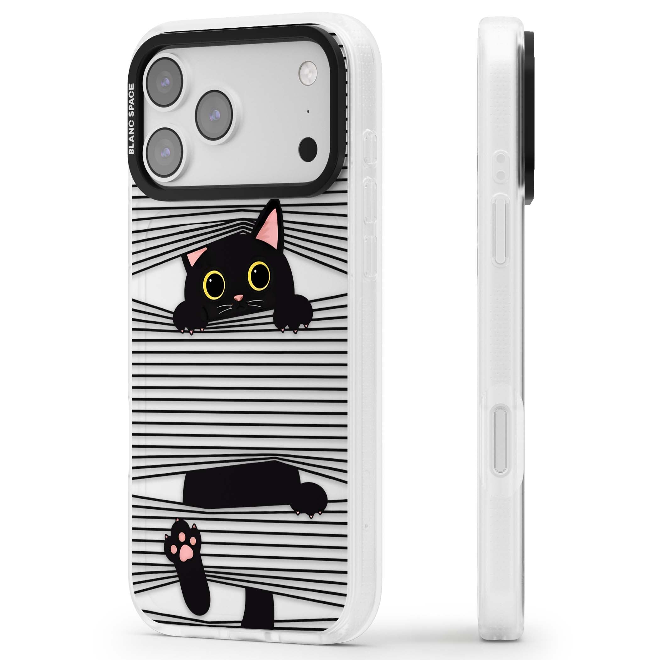 Peek-a-Boo Cat minimal iPhone case featuring black cat peeking through horizontal black and white stripes | Clear Case Impact Air case for iPhone 17 Pro, iPhone 17 Pro Max
