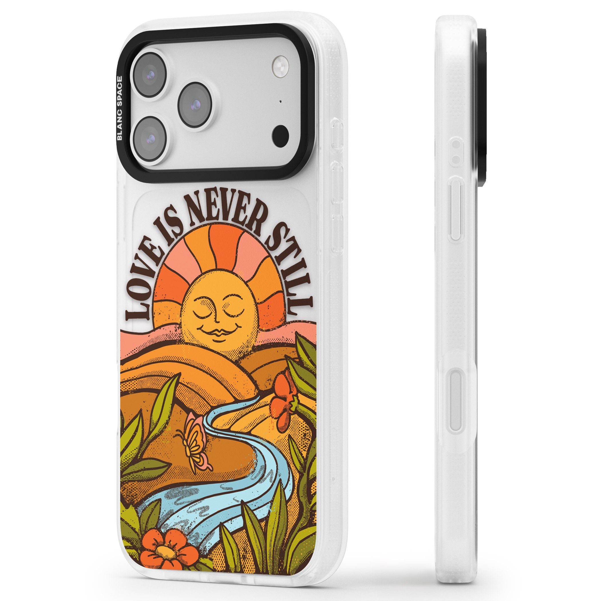 Love Is Never Still iPhone 17 Pro Impact Air Clear Phone Case Side Profile