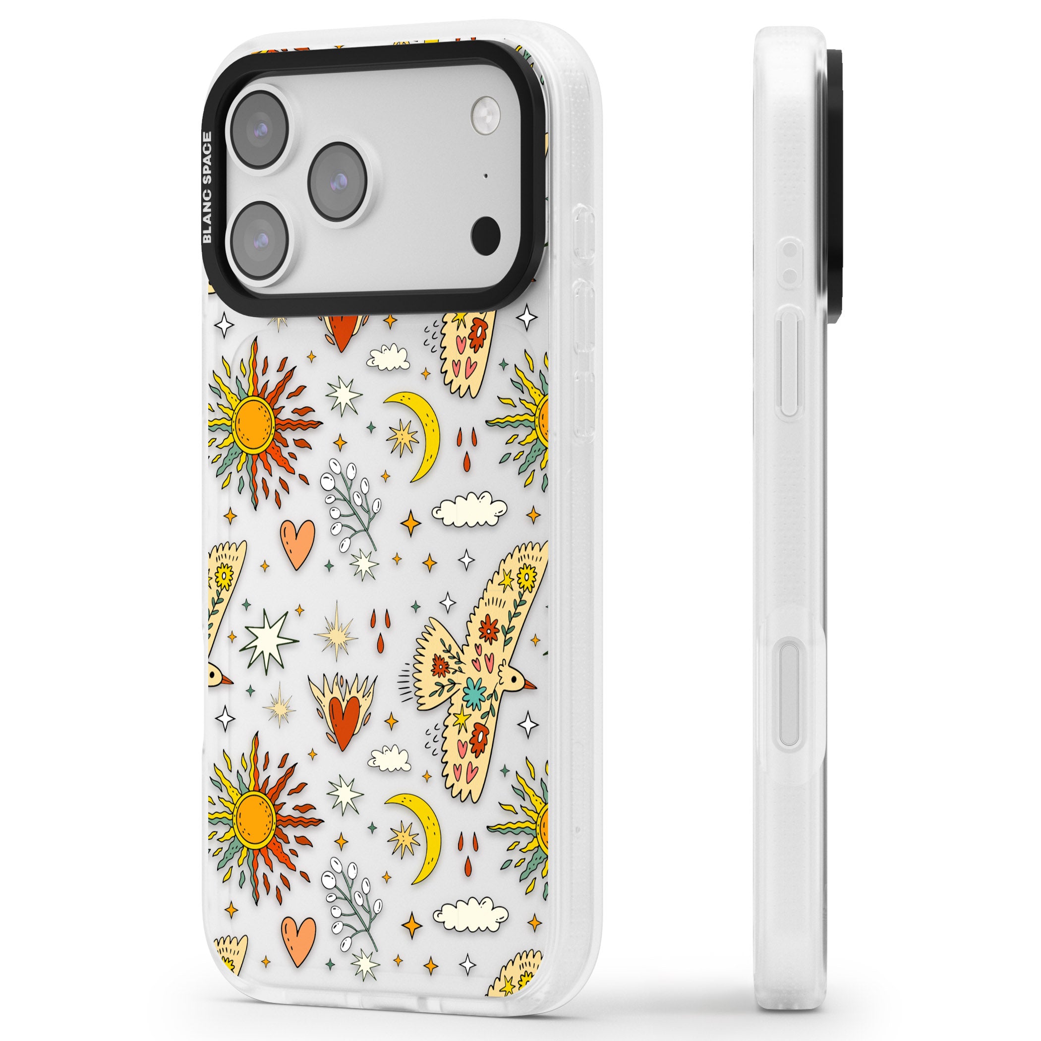 Boho Celestial Floral Bird Sun iPhone 17 Pro Max Impact Air Clear Phone Case Side Profile