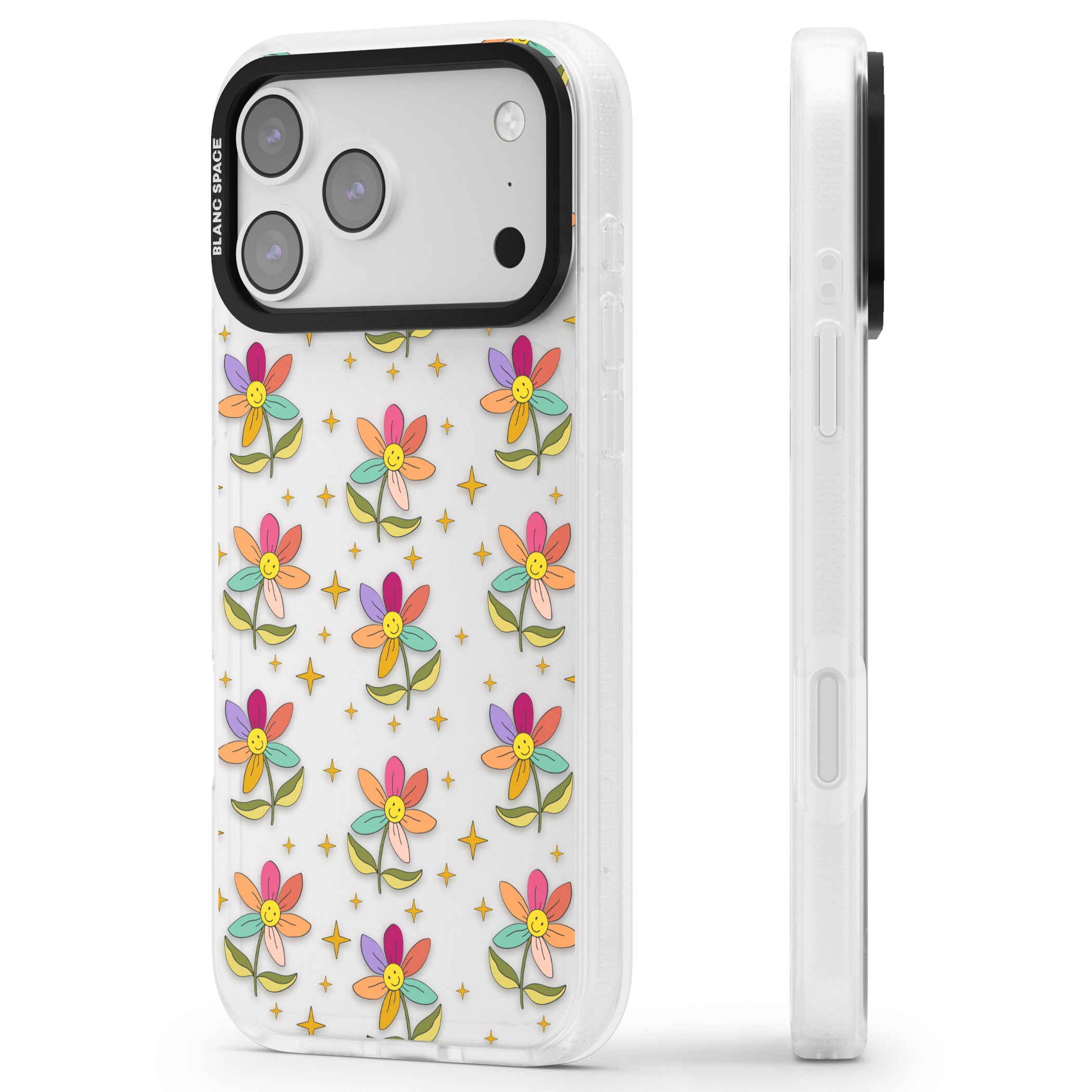 Boho Celestial Happy Flower iPhone 17 Pro Max Impact Air Clear Phone Case Side Profile