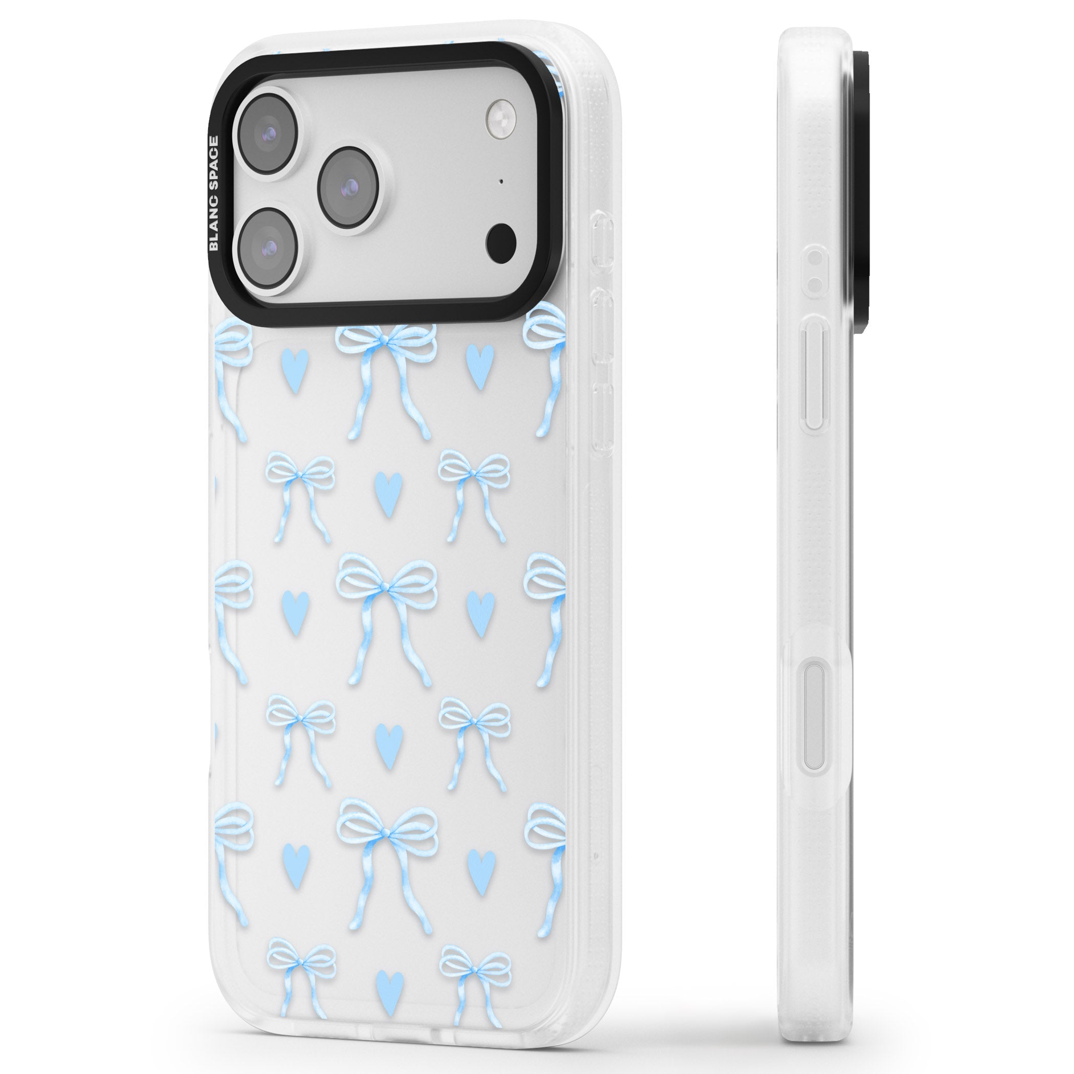 Blue Bows & Hearts iPhone 17 Pro Max Impact Air Clear Phone Case Side Profile