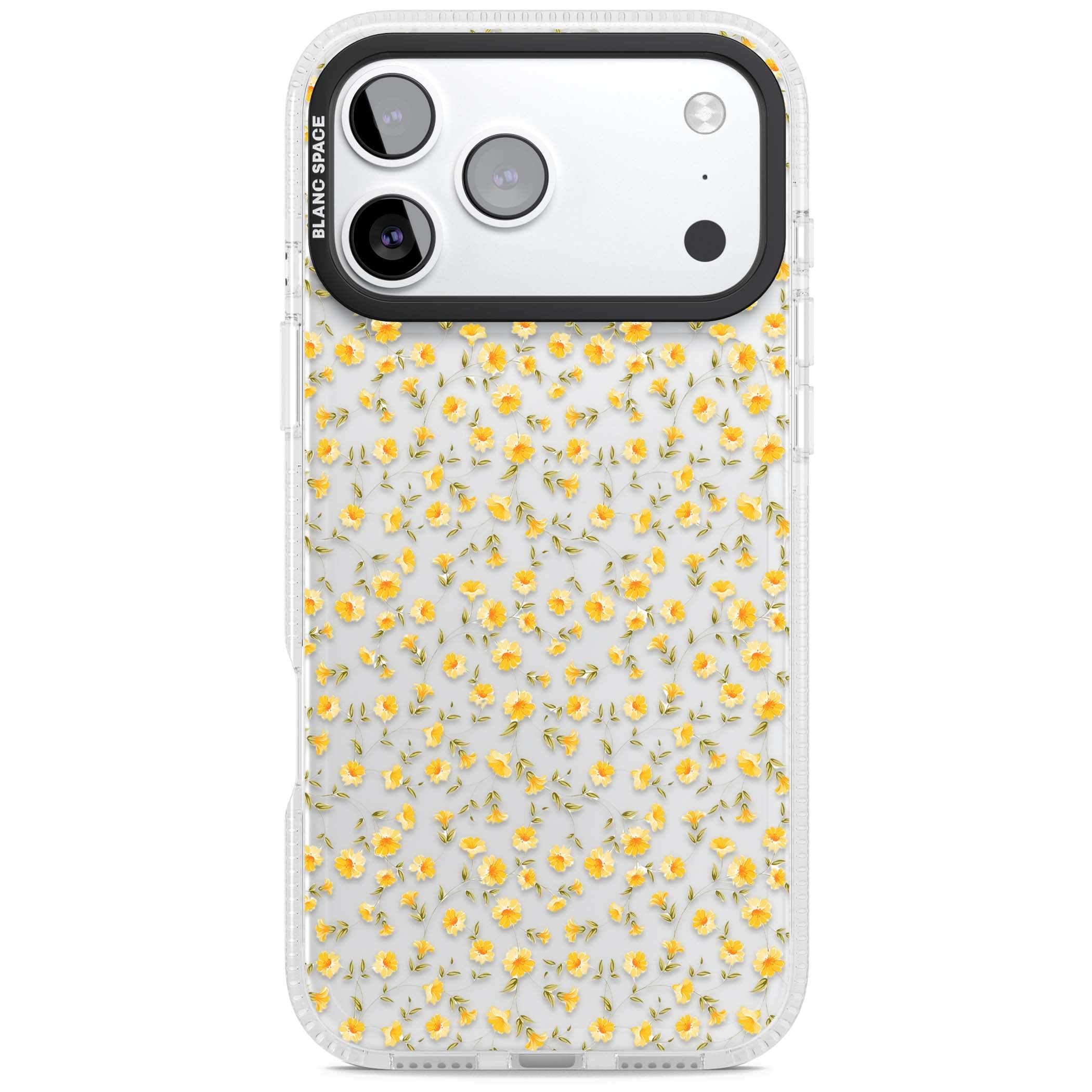 Buttercup wildflower iPhone case featuring tiny yellow flowers and trailing green vines on clear | Clear Case Impact Air case for iPhone 17 Pro, iPhone 17 Pro Max
