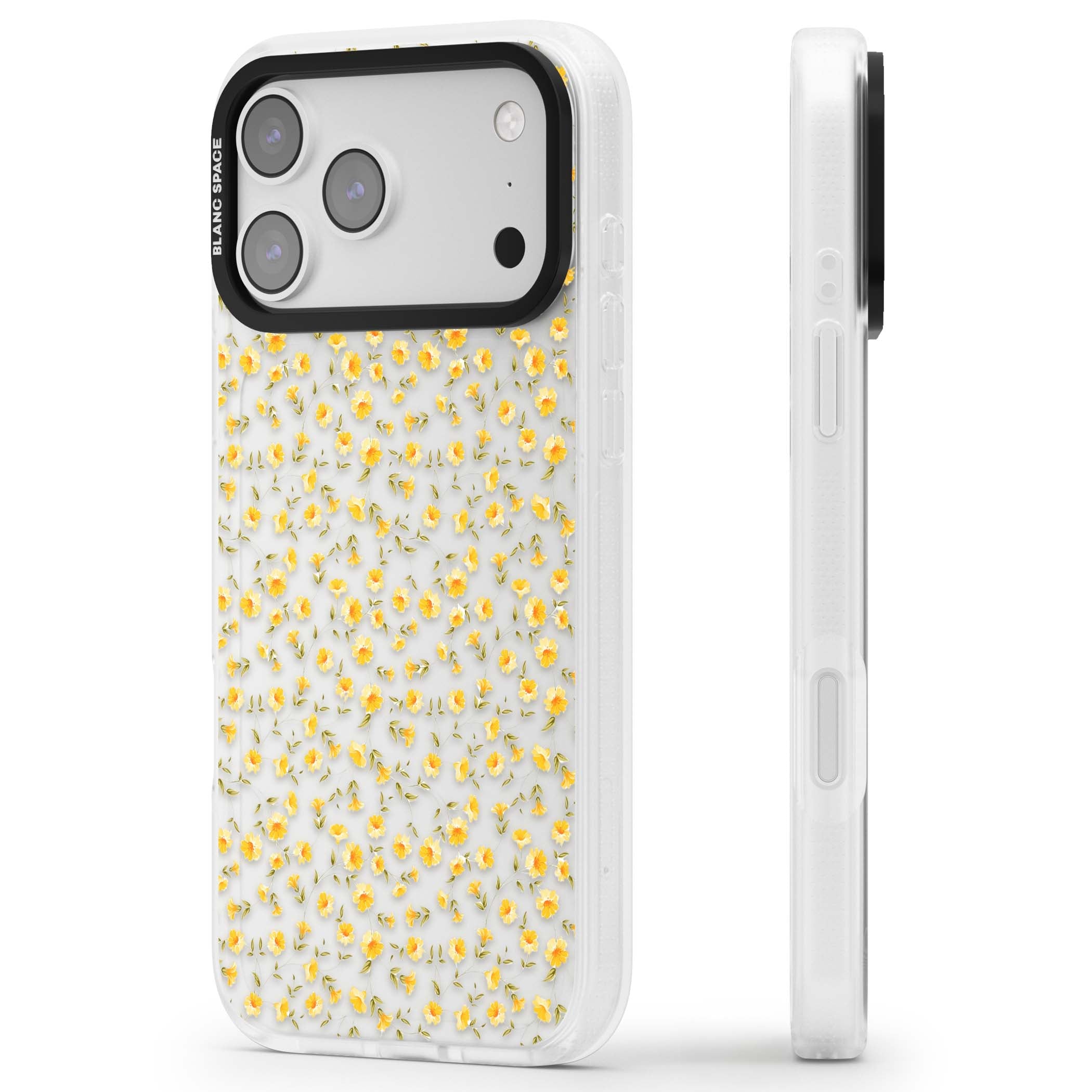Buttercup wildflower iPhone case featuring tiny yellow flowers and trailing green vines on clear | Clear Case Impact Air case for iPhone 17 Pro, iPhone 17 Pro Max
