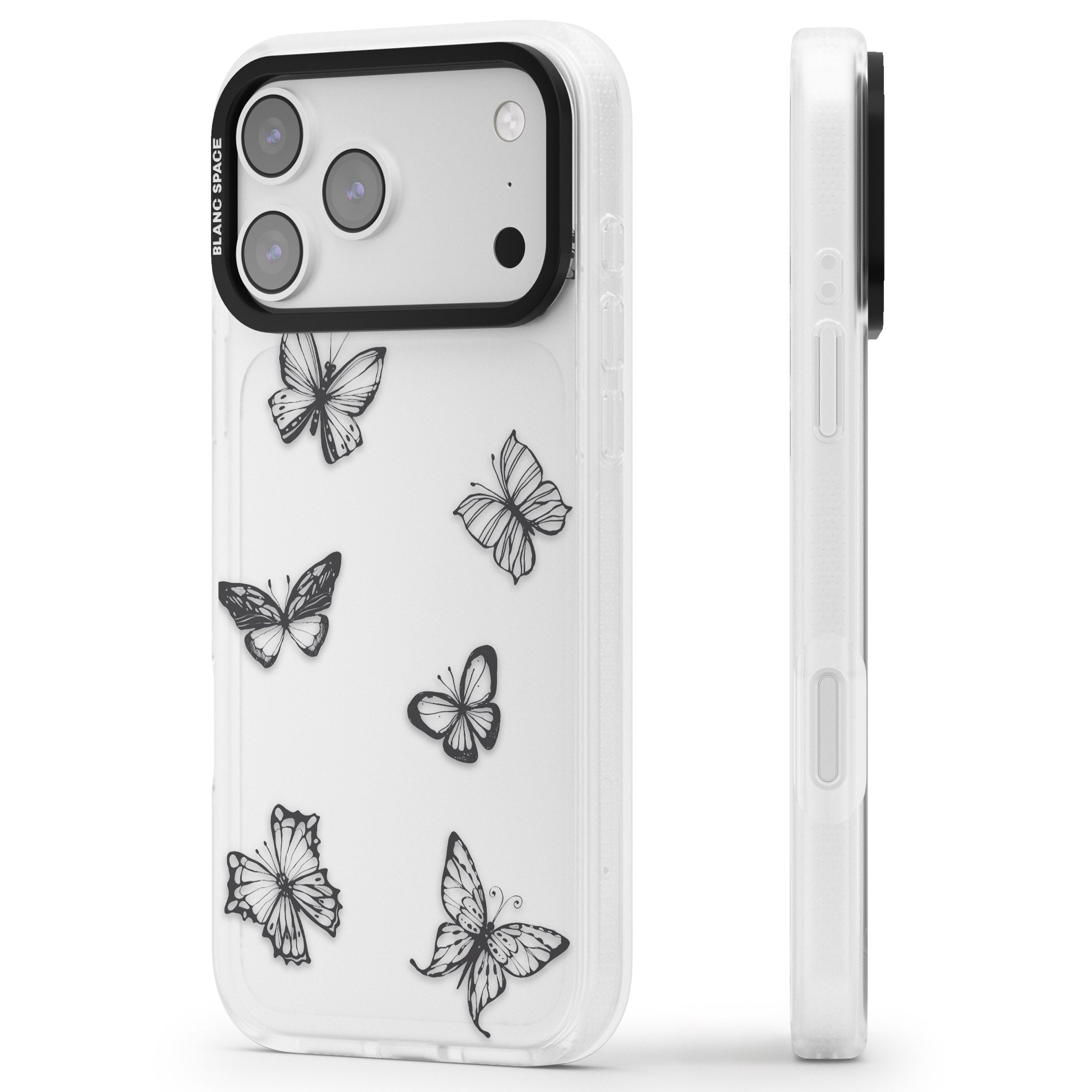 Grey Butterfly Line Pattern iPhone 17 Pro Max Impact Air Clear Phone Case Side Profile
