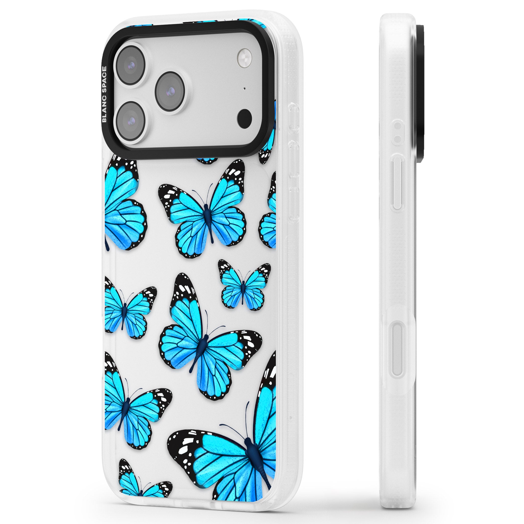 Blue Butterflies iPhone 17 Pro Max Impact Air Clear Phone Case Side Profile
