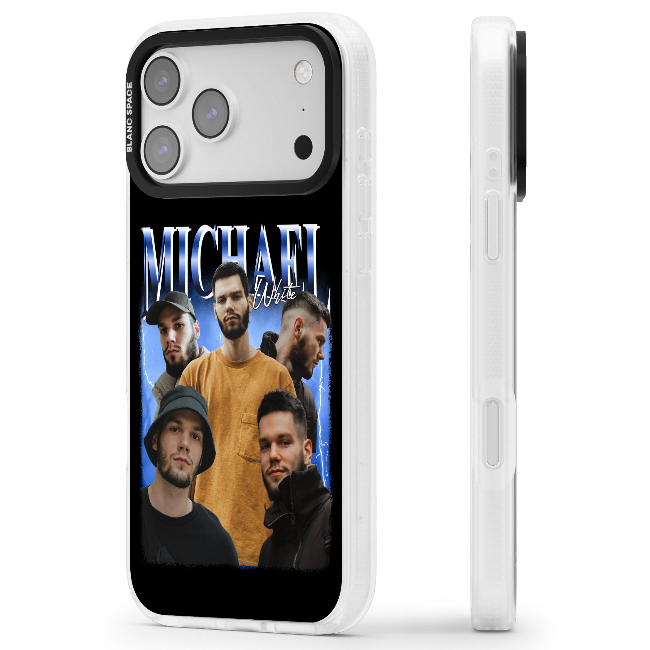 Personalised Airbrush Name & Photo Collage (Blue) iPhone 17 Pro Max Impact Air Clear Phone Case Side Profile