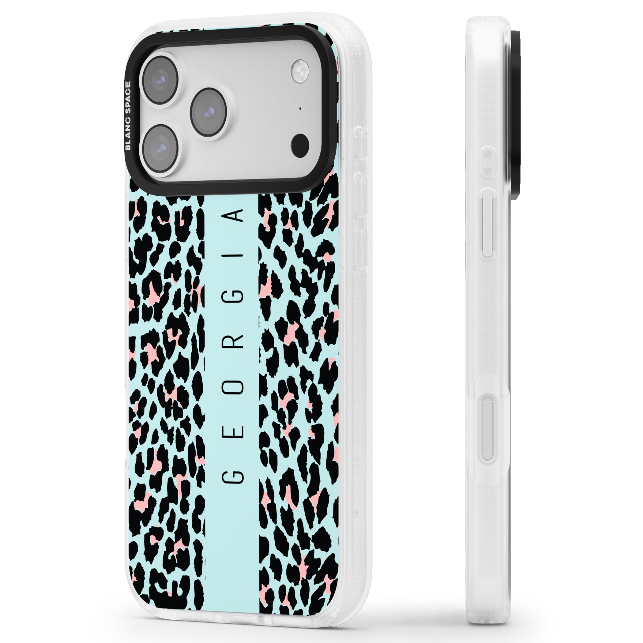 Personalised Blue Leopard iPhone 17 Pro Max Impact Air Clear Phone Case Side Profile