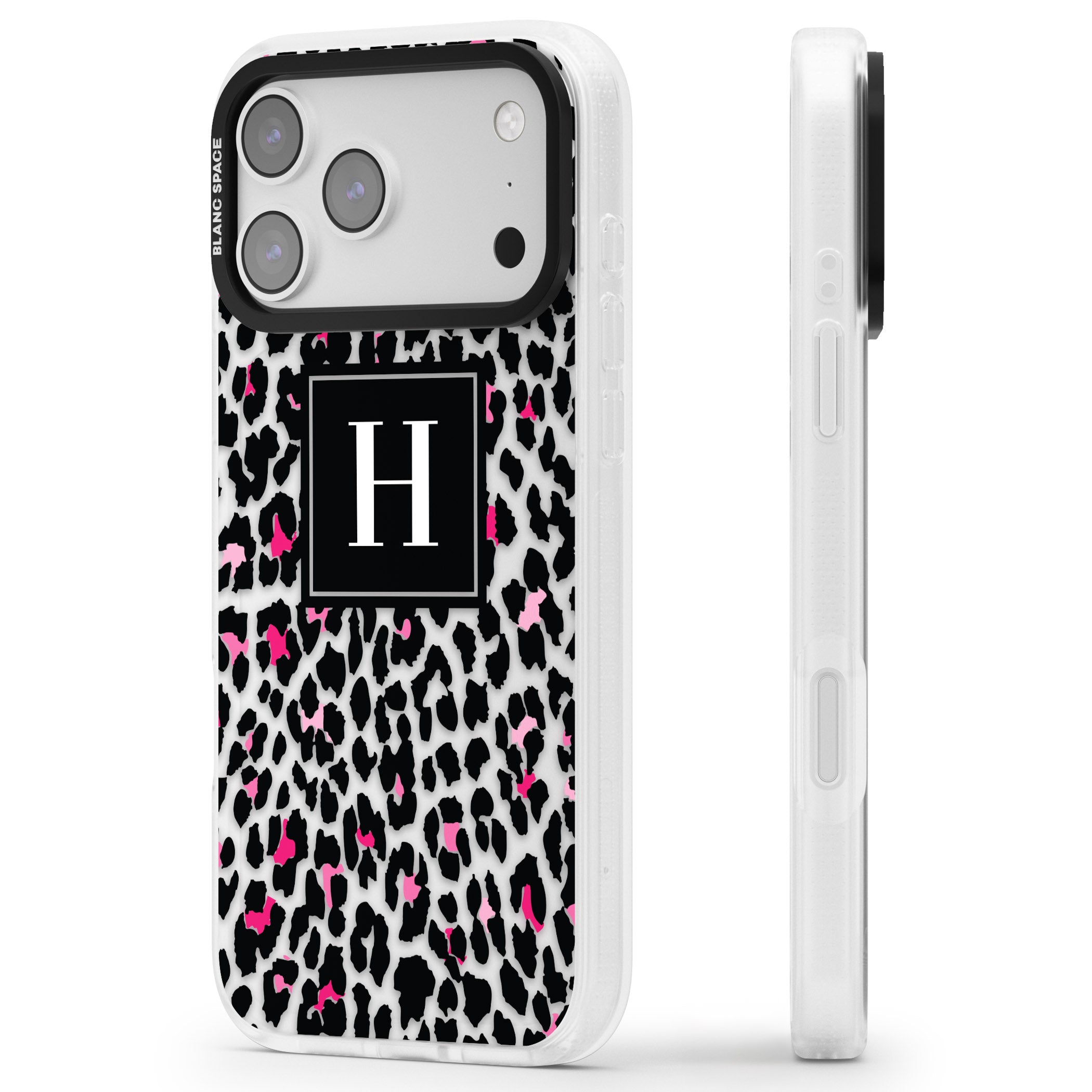 Personalised Clear Pink Leopard Monogram iPhone 17 Pro Max Impact Air Clear Phone Case Side Profile