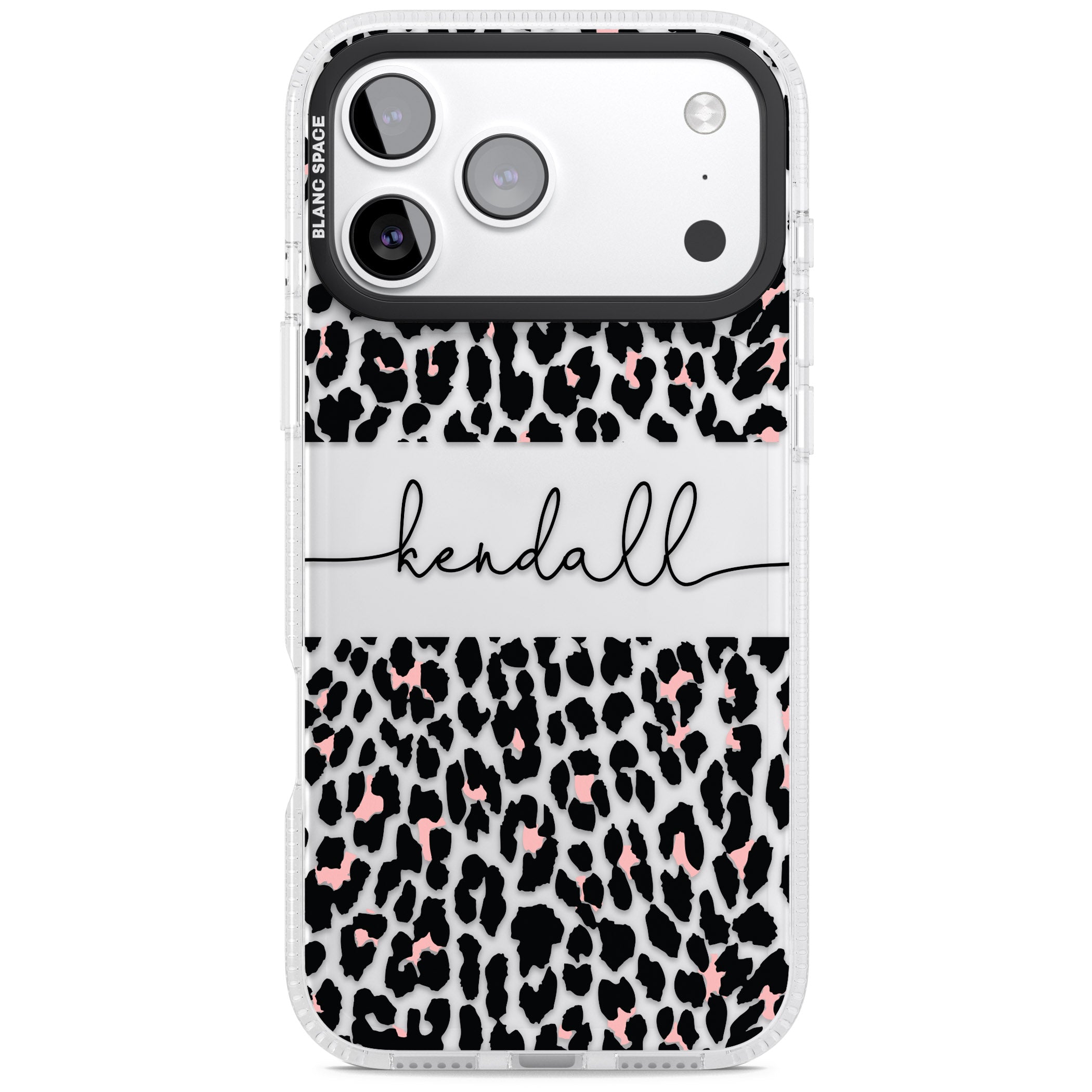 Personalised Cursive Leopard Spots iPhone 17 Pro Max Impact Air Clear Phone Case
