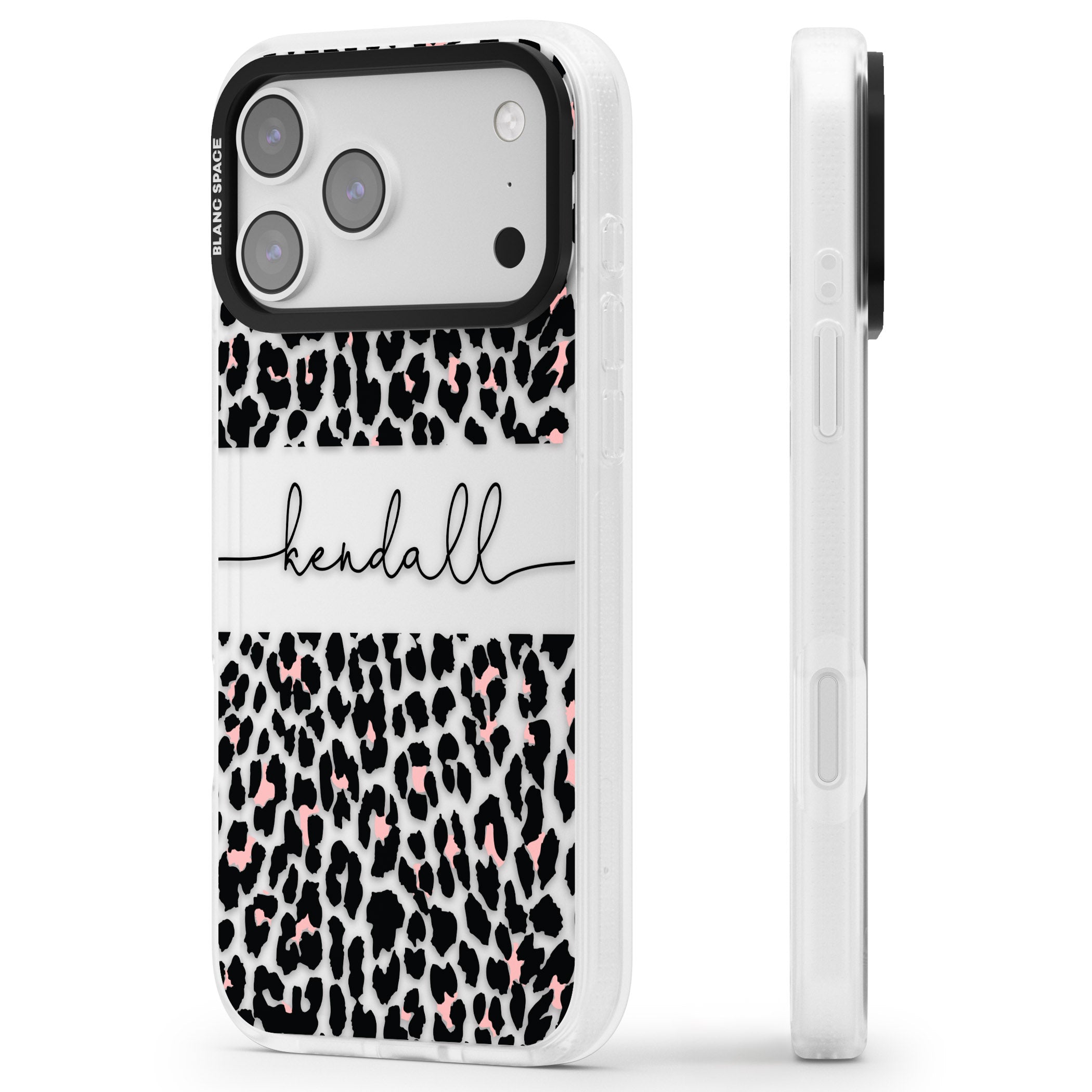 Personalised Cursive Leopard Spots iPhone 17 Pro Max Impact Air Clear Phone Case Side Profile