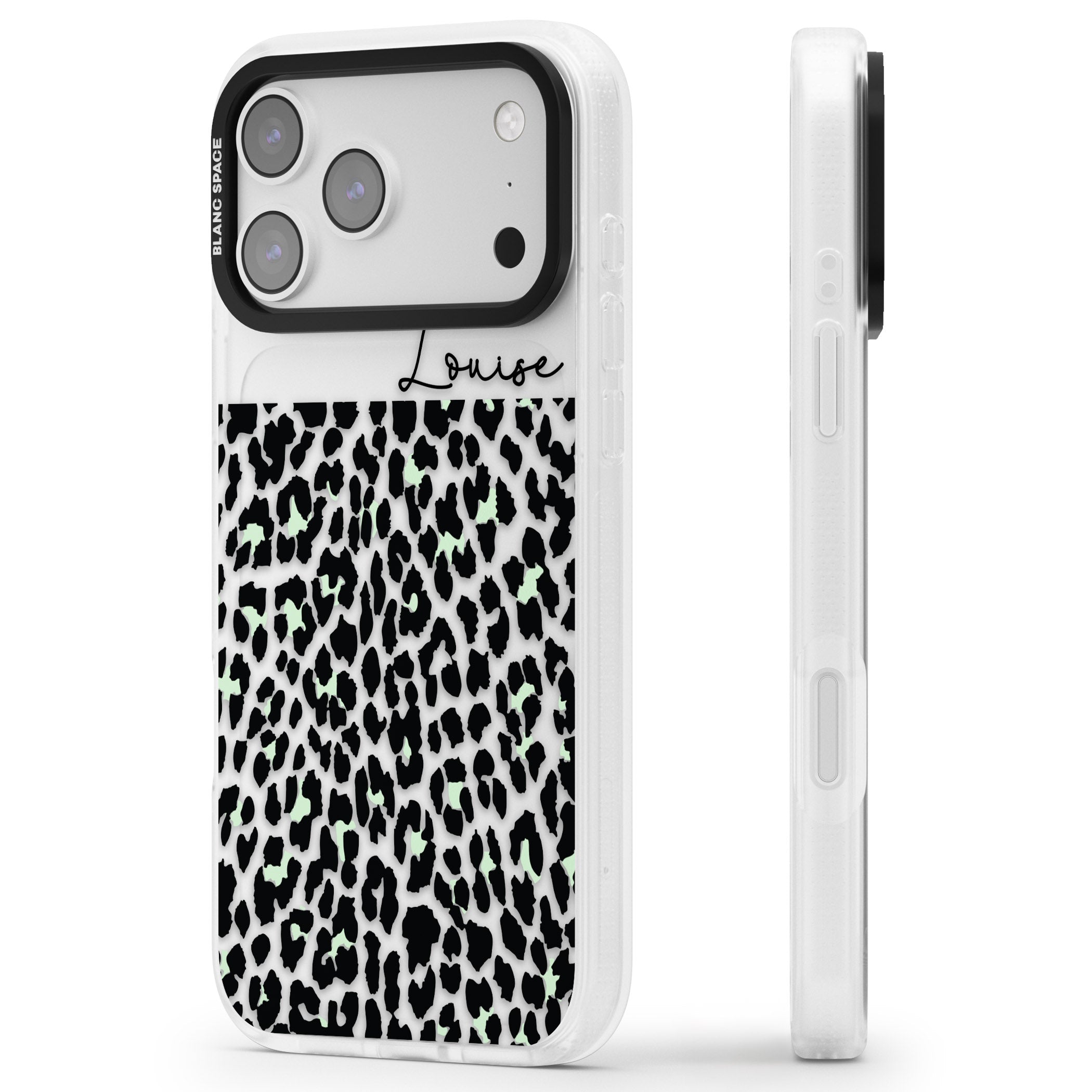 Personalised Seafoam Leopard iPhone 17 Pro Max Impact Air Clear Phone Case Side Profile