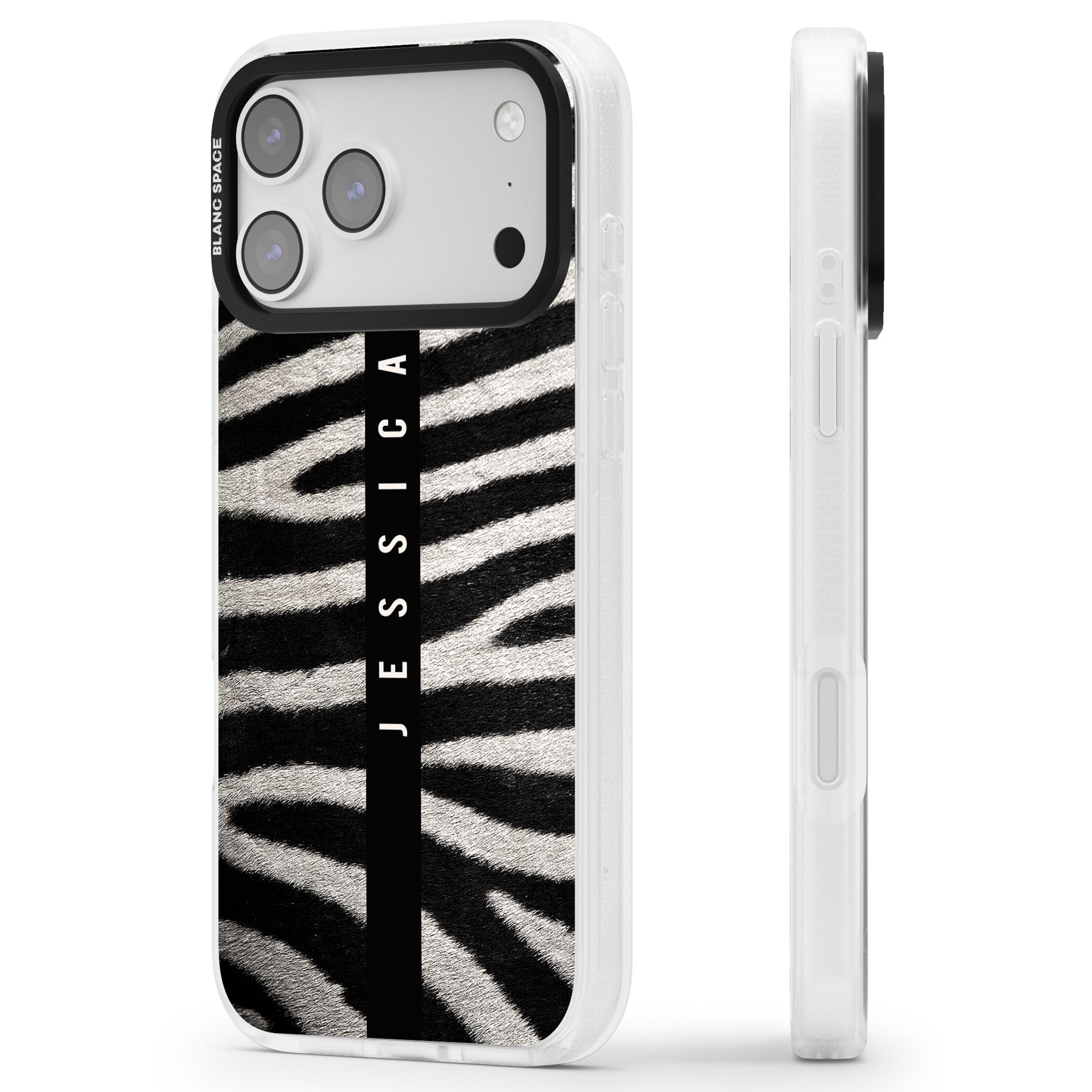 Personalised Zebra Print iPhone 17 Pro Max Impact Air Clear Phone Case Side Profile