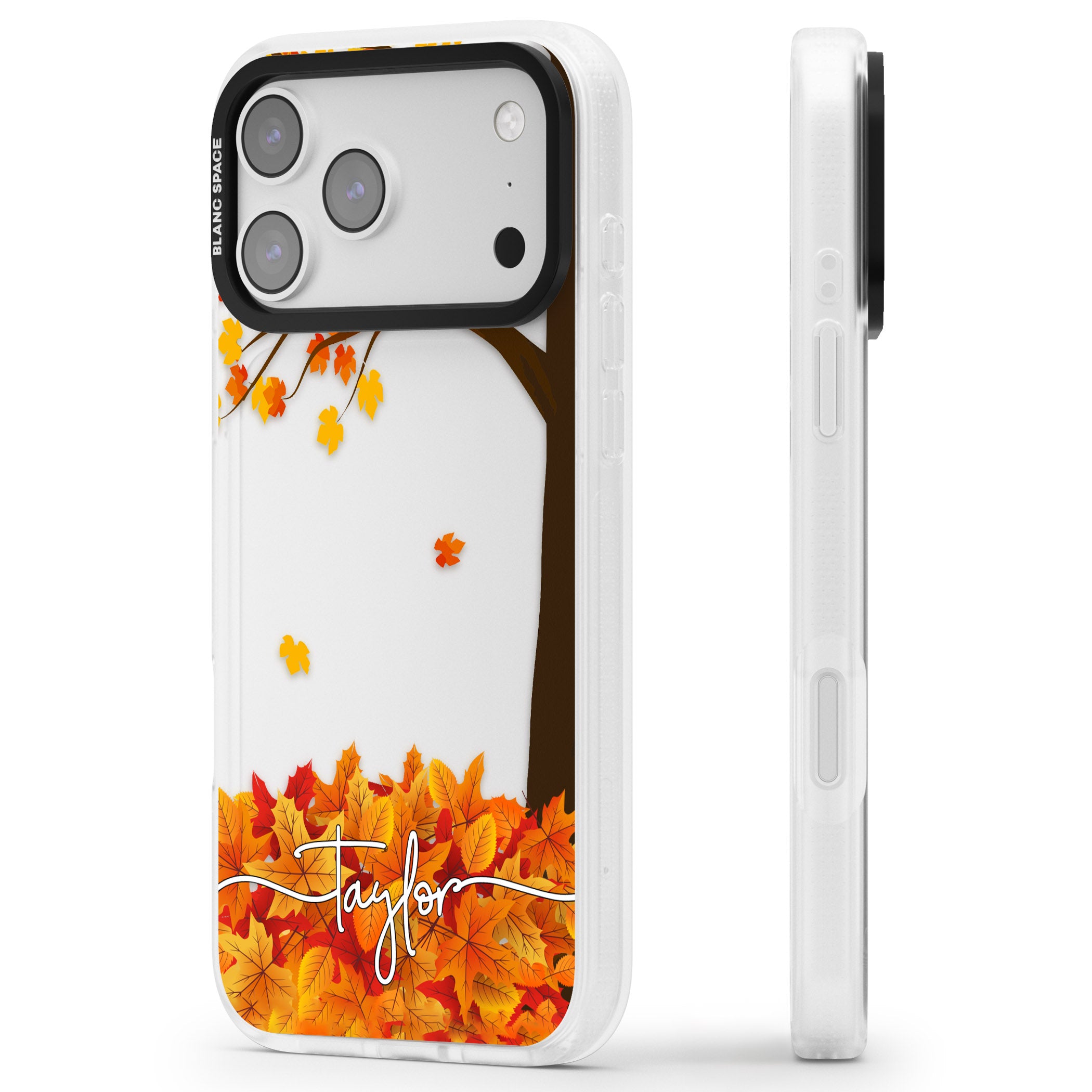Personalised Autumn Leaves iPhone 17 Pro Max Impact Air Clear Phone Case Side Profile
