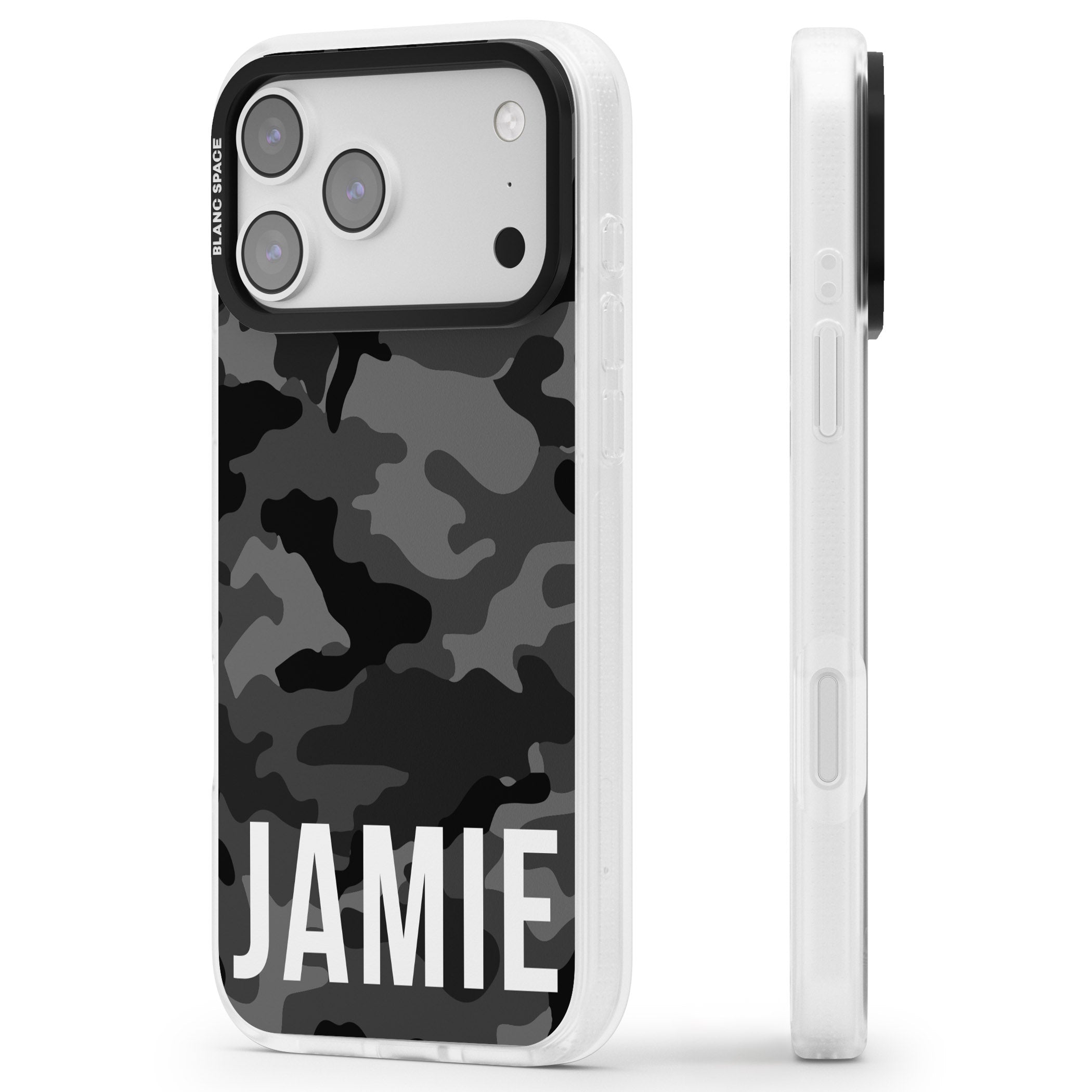 Personalised Black Camo Name Horizontal iPhone 17 Pro Max Impact Air Clear Phone Case Side Profile