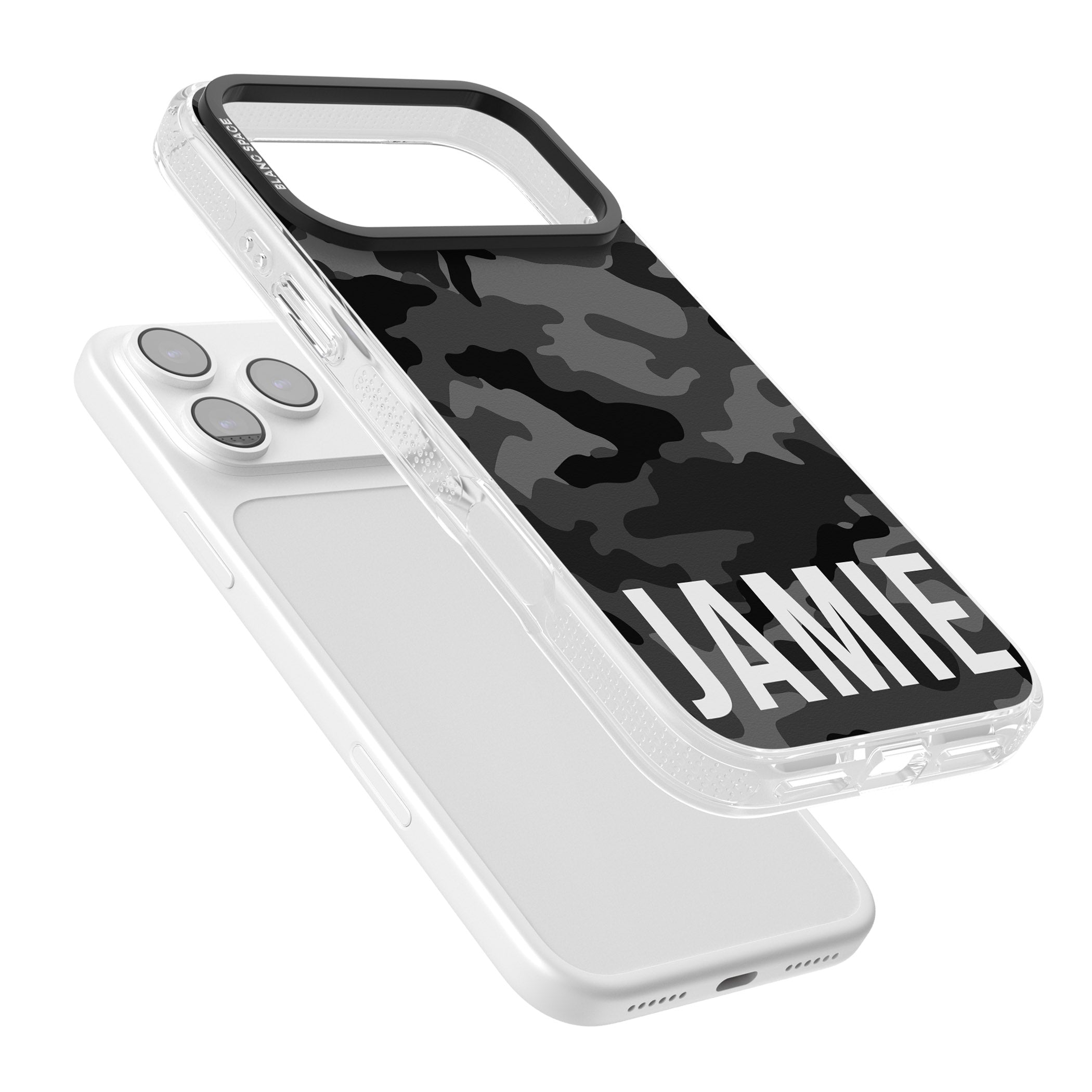 Personalised Black Camo Name Horizontal iPhone 17 Pro Max Impact Air Clear Phone Case Colours