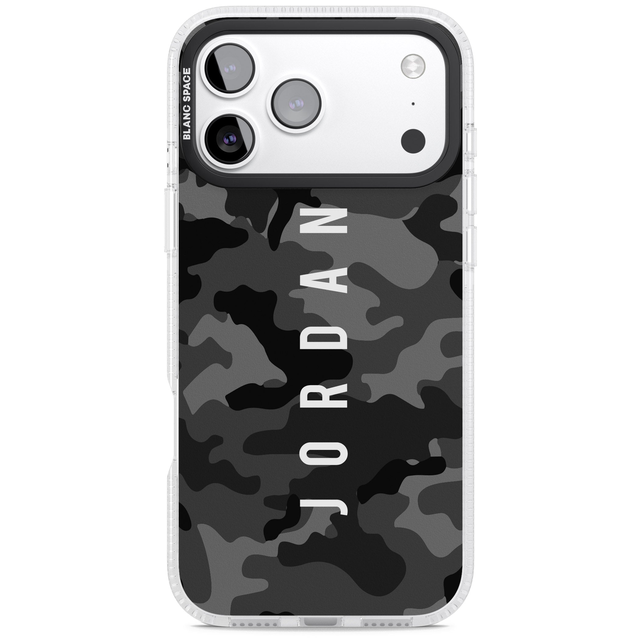 Personalised Black Camouflage Name iPhone 17 Pro Max Impact Air Clear Phone Case