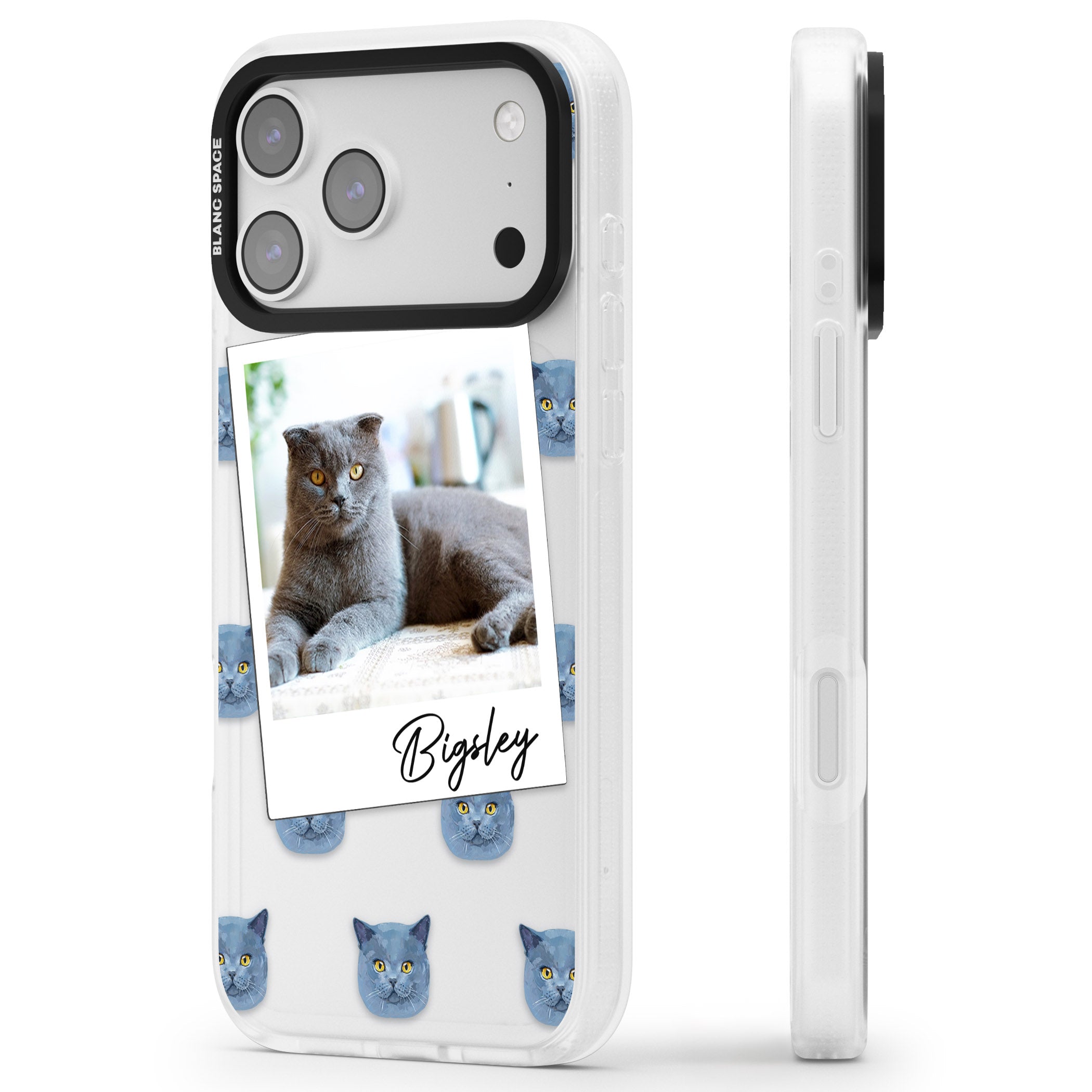 Personalised English Blue Cat Photo iPhone 17 Pro Max Impact Air Clear Phone Case Side Profile