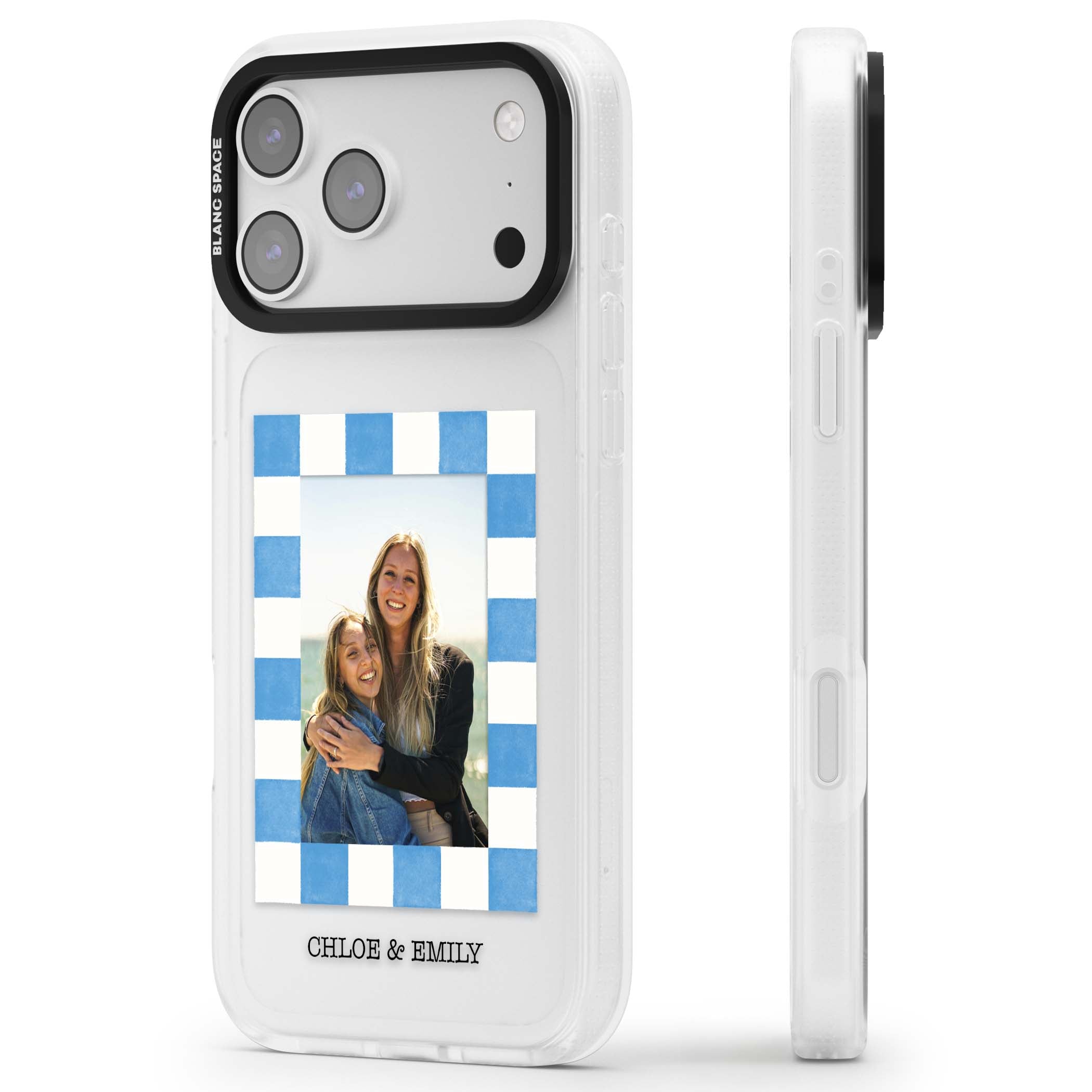 Blue Check Photo personalised photo iPhone case with blue checkered frame and custom couple names | Clear Case Impact Air case for iPhone 17 Pro, iPhone 17 Pro Max