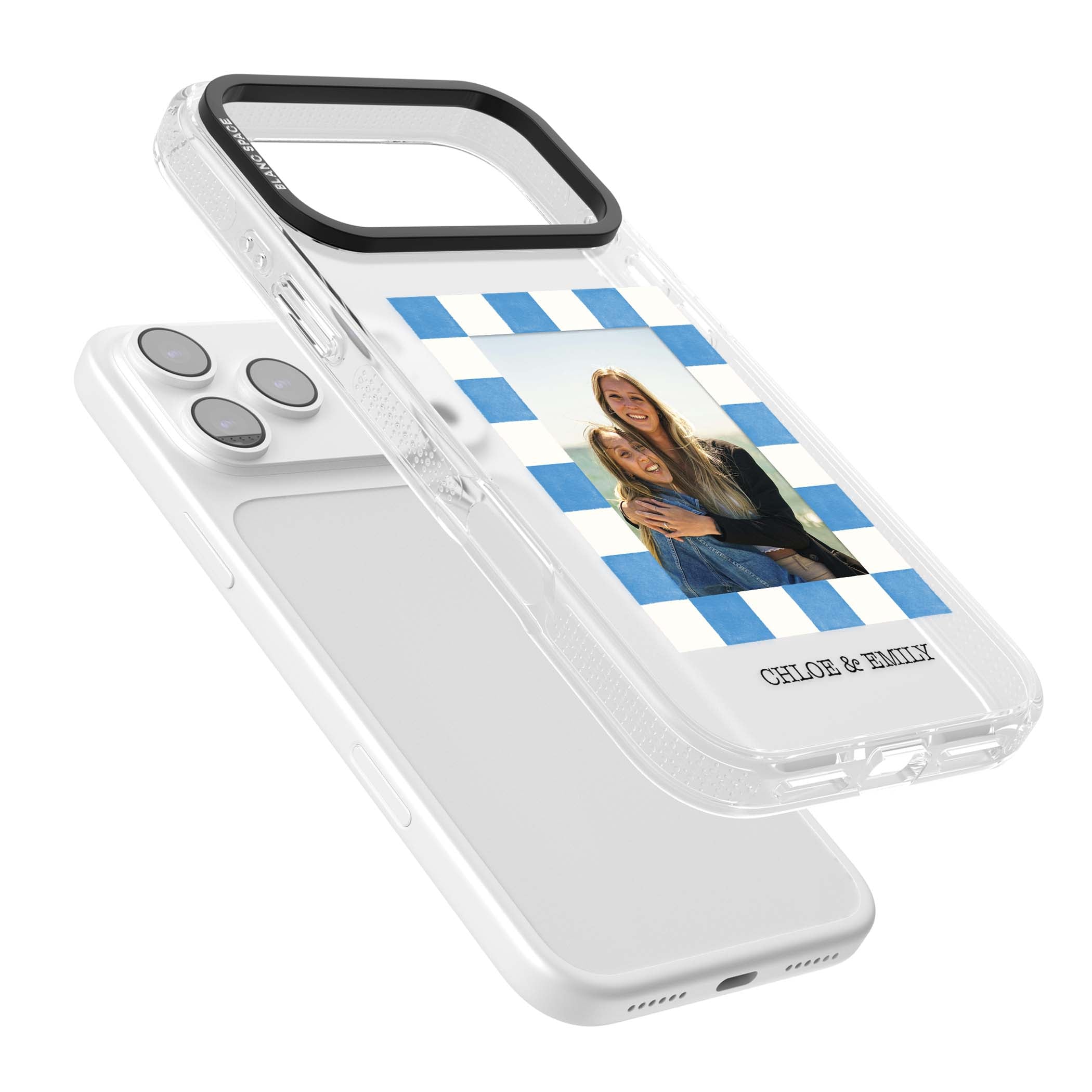 Blue Check Photo personalised photo iPhone case with blue checkered frame and custom couple names | Clear Case Impact Air case for iPhone 17 Pro, iPhone 17 Pro Max