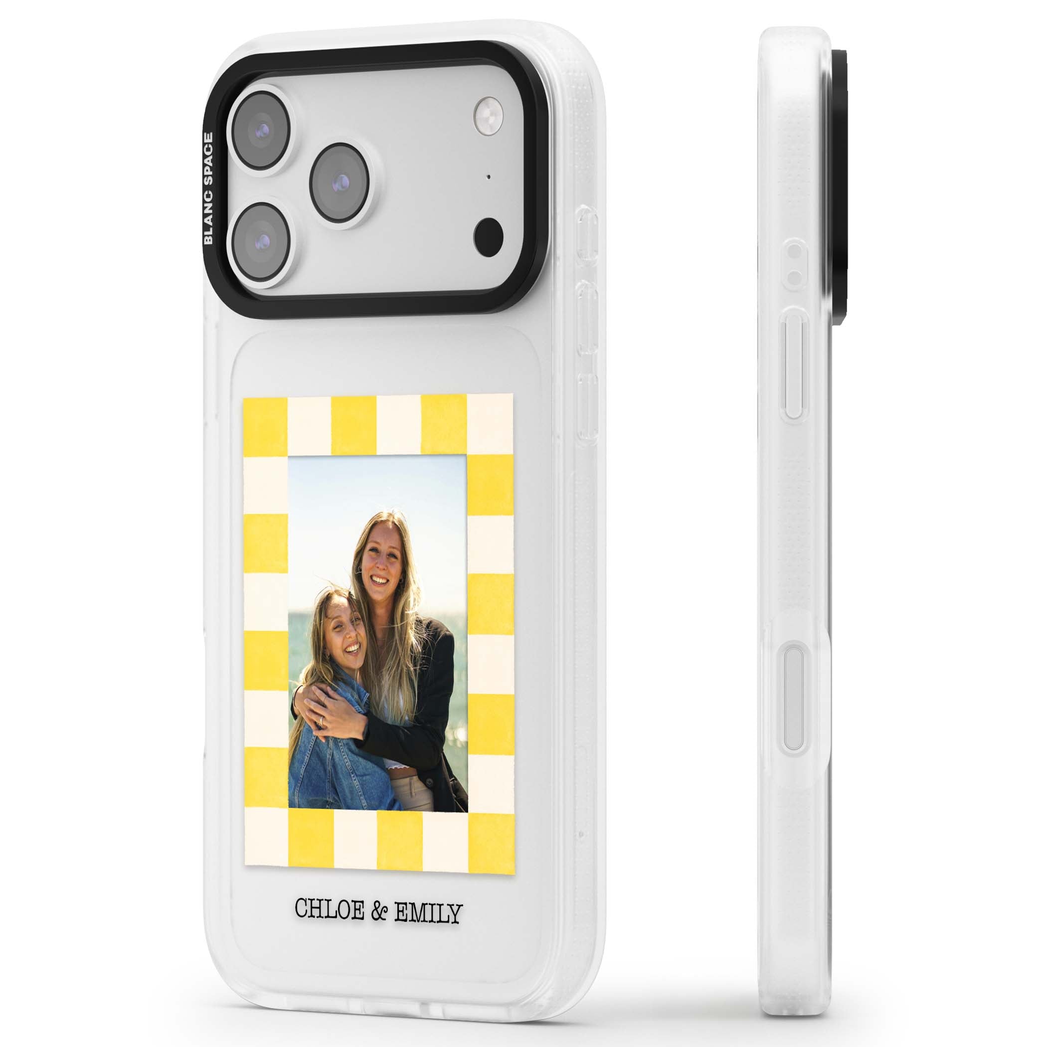 Yellow Check Photo personalised iPhone case with yellow checkered Polaroid frame and custom names beneath | Clear Case Impact Air case for iPhone 17 Pro, iPhone 17 Pro Max
