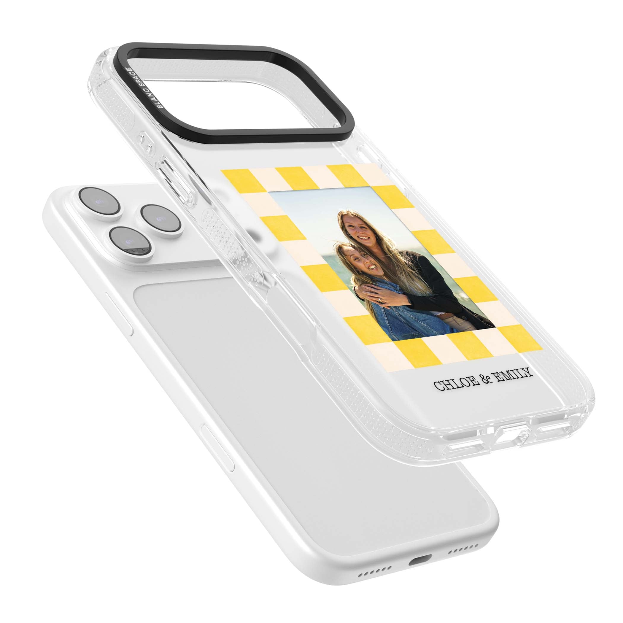 Yellow Check Photo personalised iPhone case with yellow checkered Polaroid frame and custom names beneath | Clear Case Impact Air case for iPhone 17 Pro, iPhone 17 Pro Max