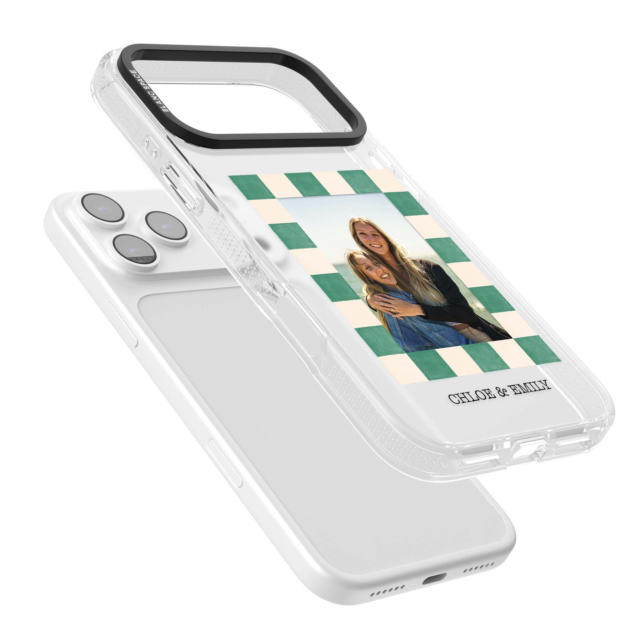 Seafoam Check Photo personalised iPhone case featuring a custom polaroid photo, green and cream checkered frame, and custom n | Clear Case Impact Air case for iPhone 17 Pro, iPhone 17 Pro Max