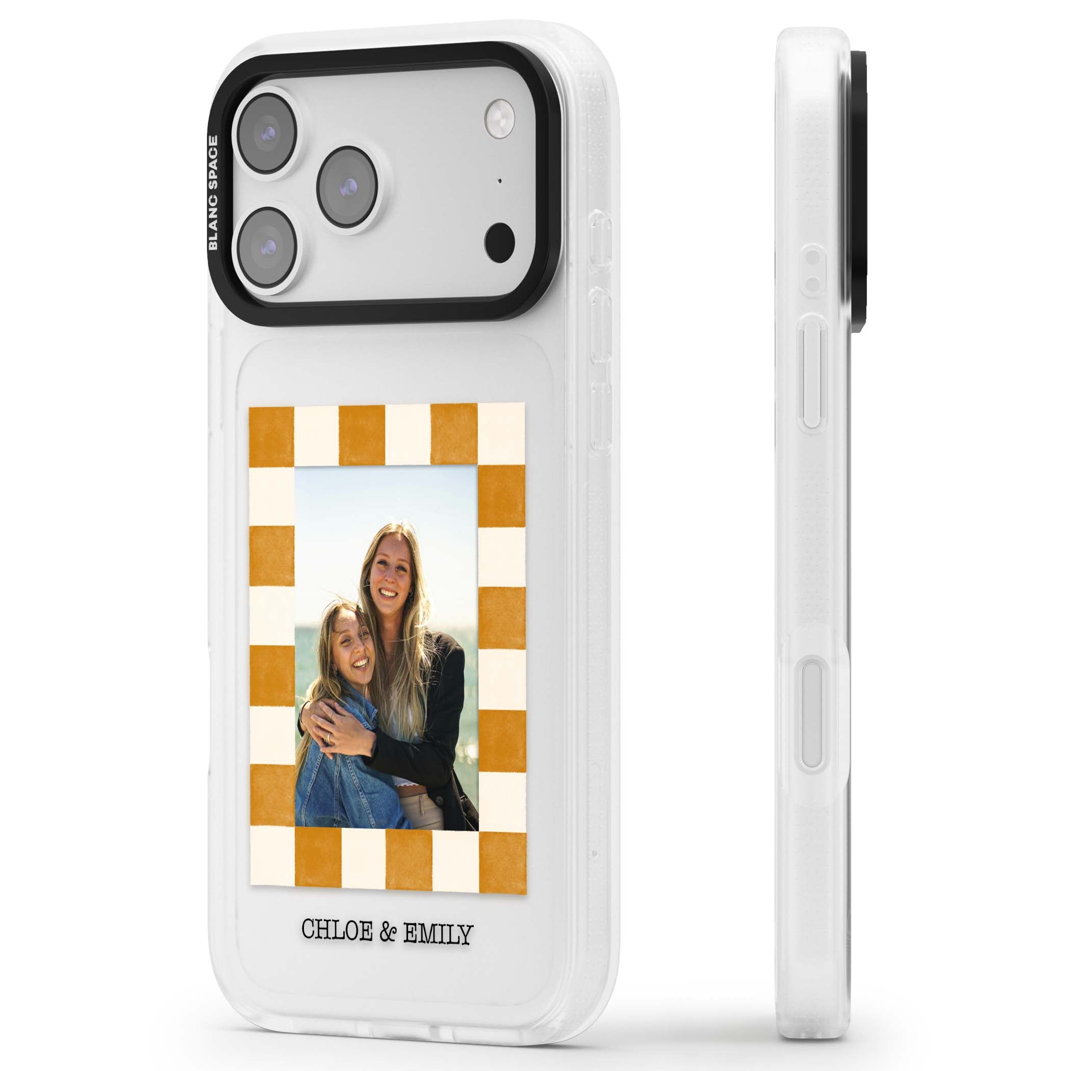 Citrus Check Photo personalised iPhone case with custom photo, orange checkered frame and names underneath | Clear Case Impact Air case for iPhone 17 Pro, iPhone 17 Pro Max