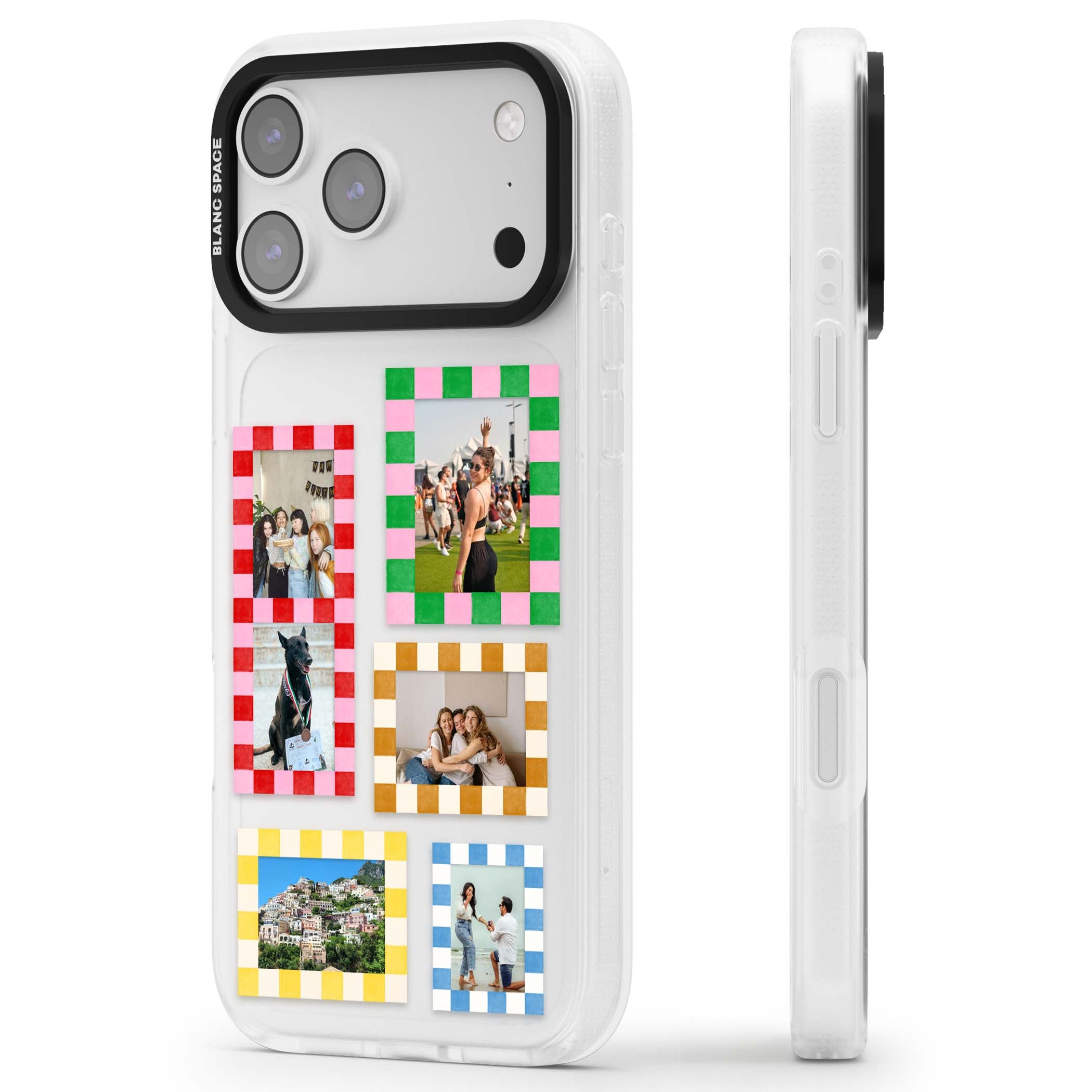Italian Check Frames custom photo collage iPhone case featuring six checkered photo frames in red, green, pink and  | Clear Case Impact Air case for iPhone 17 Pro, iPhone 17 Pro Max
