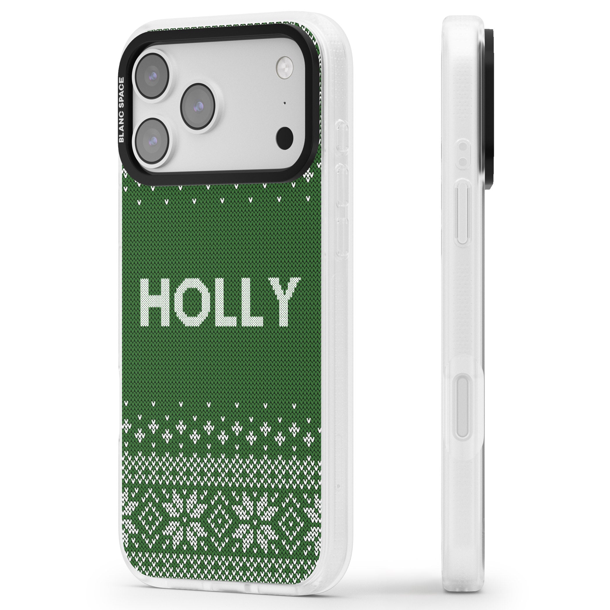 Personalised Green Christmas Knit iPhone 17 Pro Max Impact Air Clear Phone Case Side Profile