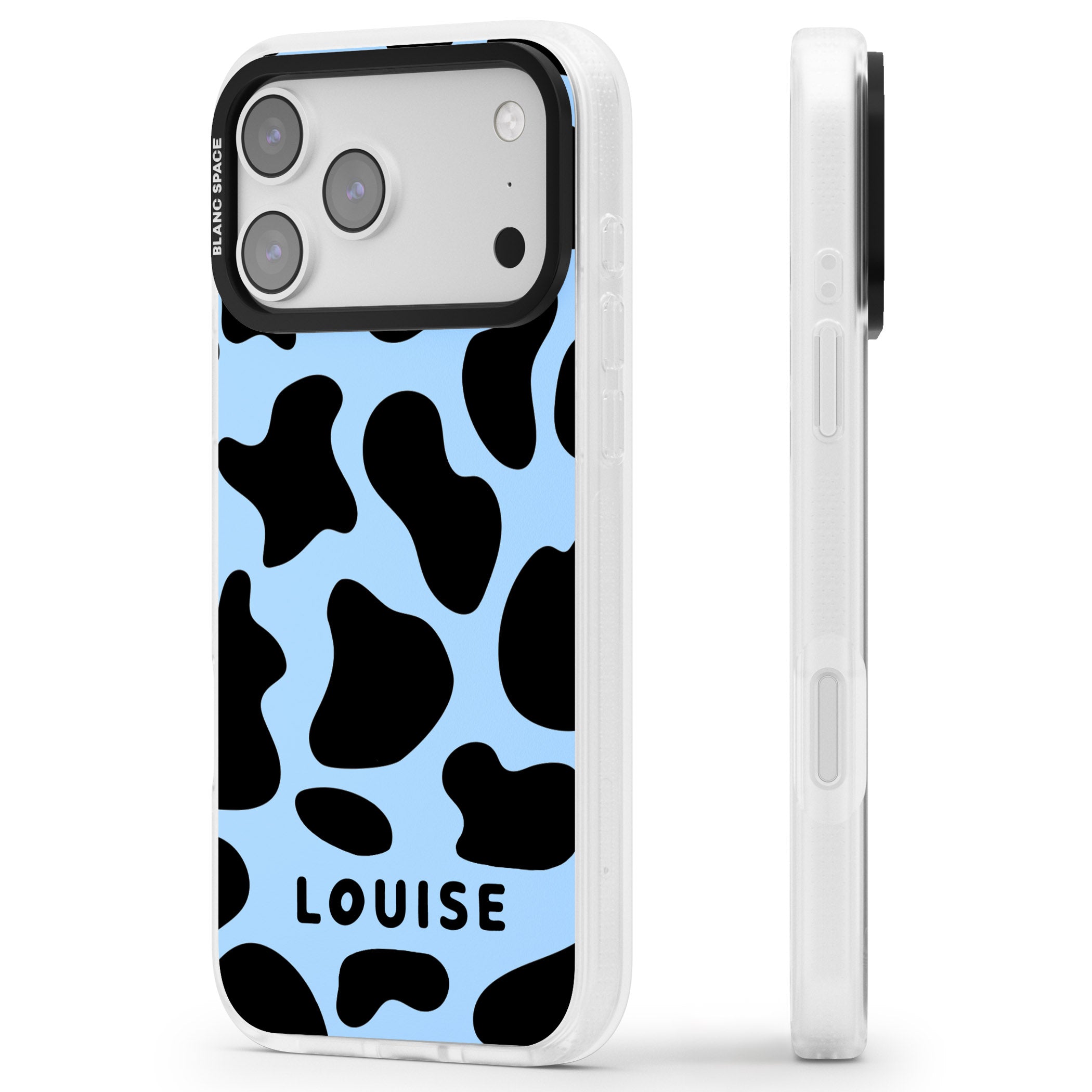 Personalised Blue And Black Cow Print iPhone 17 Pro Max Impact Air Clear Phone Case Side Profile