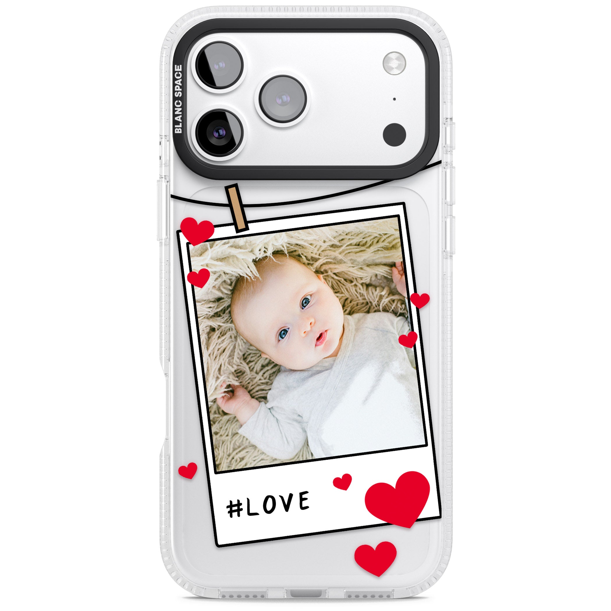 Personalised Paperclip & Hearts Instant Camera Photo iPhone 17 Pro Max Impact Air Clear Phone Case