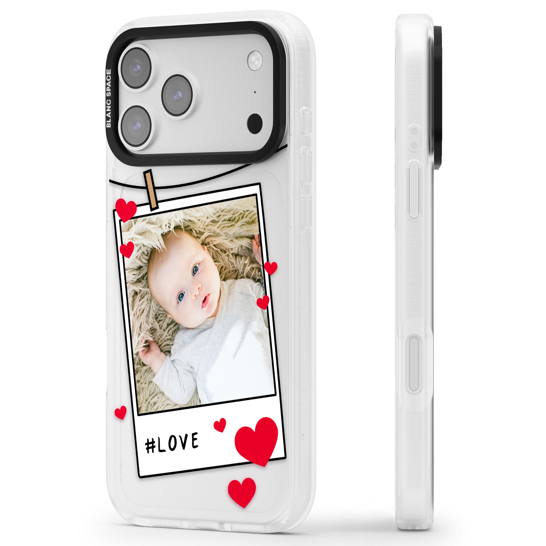 Personalised Paperclip & Hearts Instant Camera Photo iPhone 17 Pro Max Impact Air Clear Phone Case Side Profile