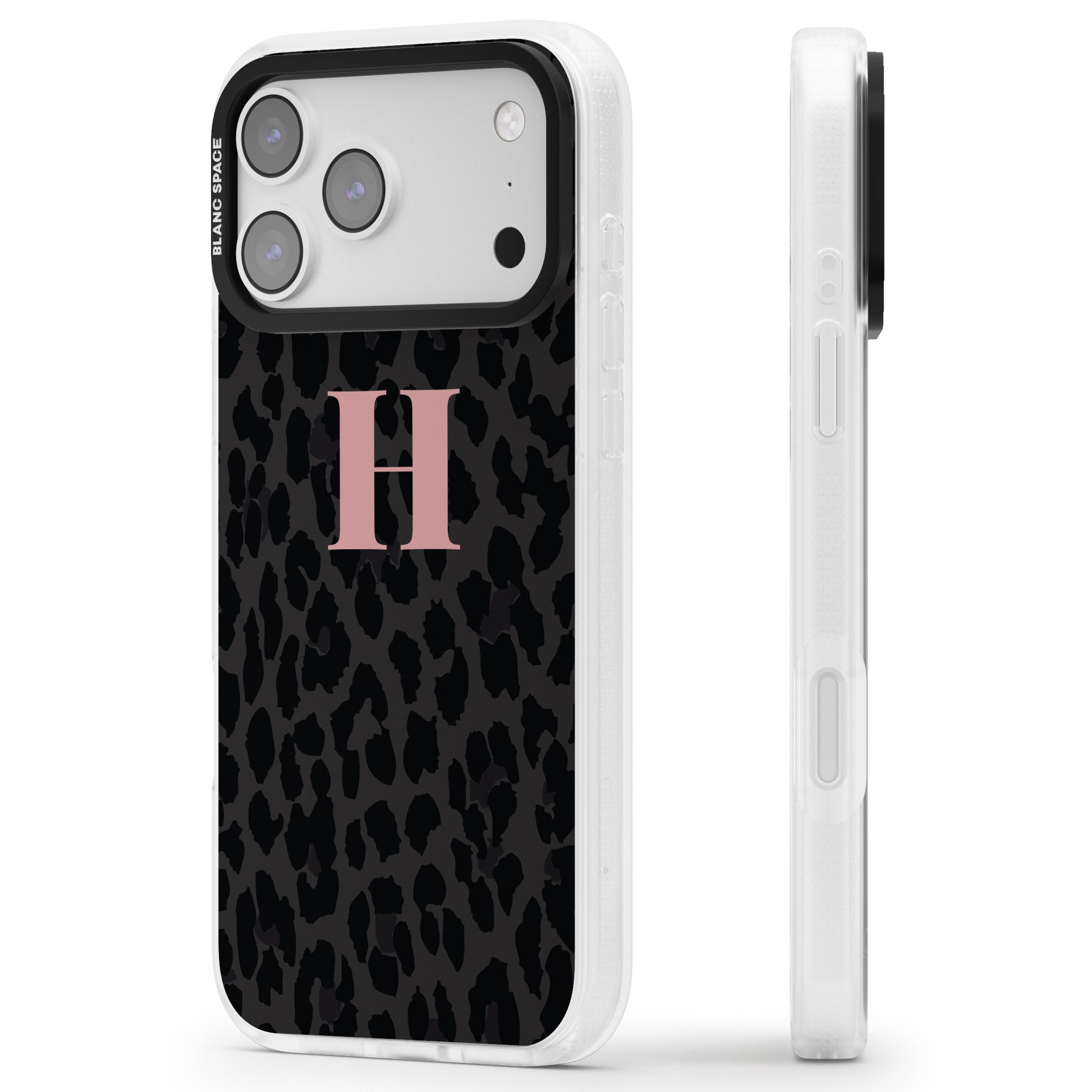 Personalised Pink Leopard Monogram iPhone 17 Pro Max Impact Air Clear Phone Case Side Profile