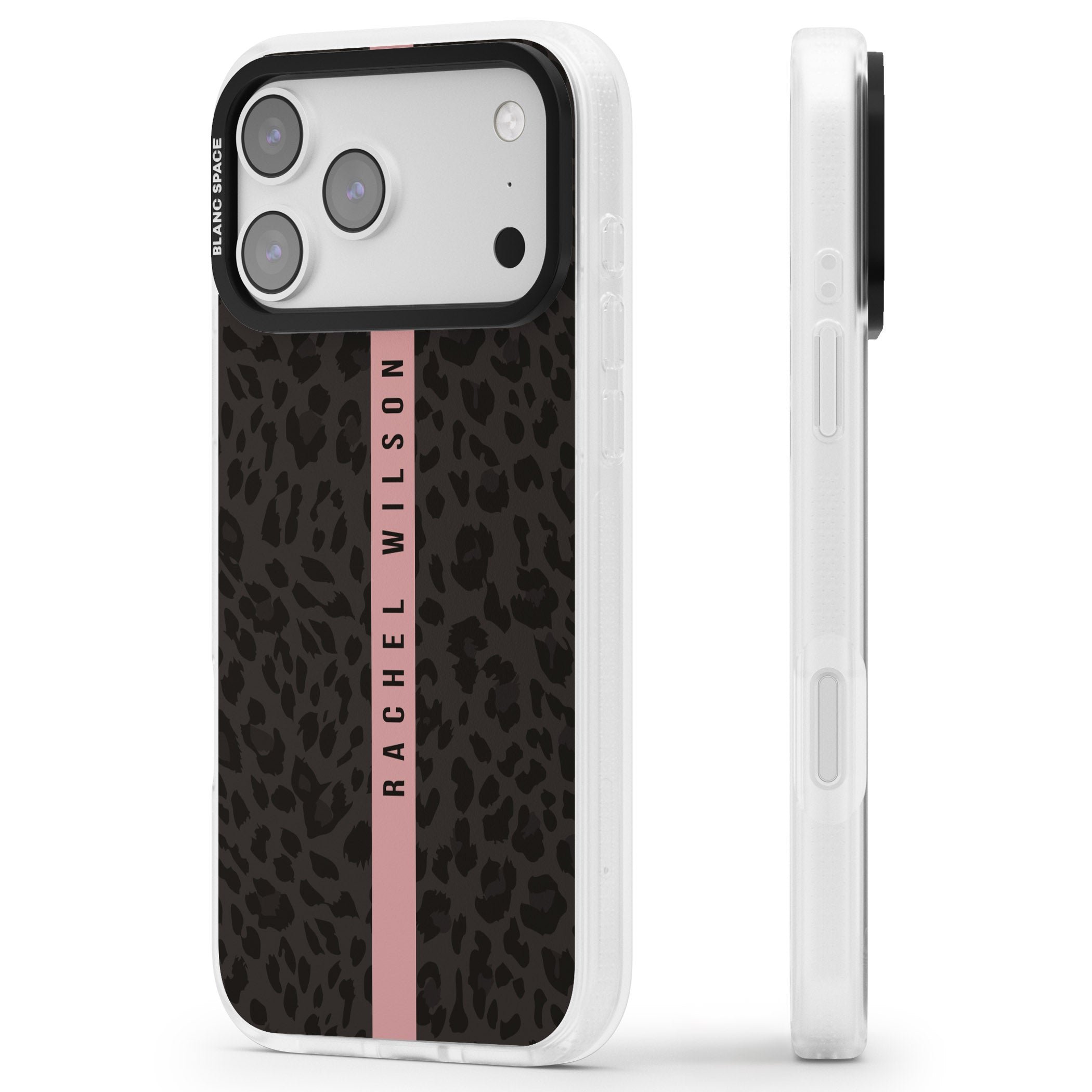 Personalised Pink Stripe Leopard iPhone 17 Pro Max Impact Air Clear Phone Case Side Profile