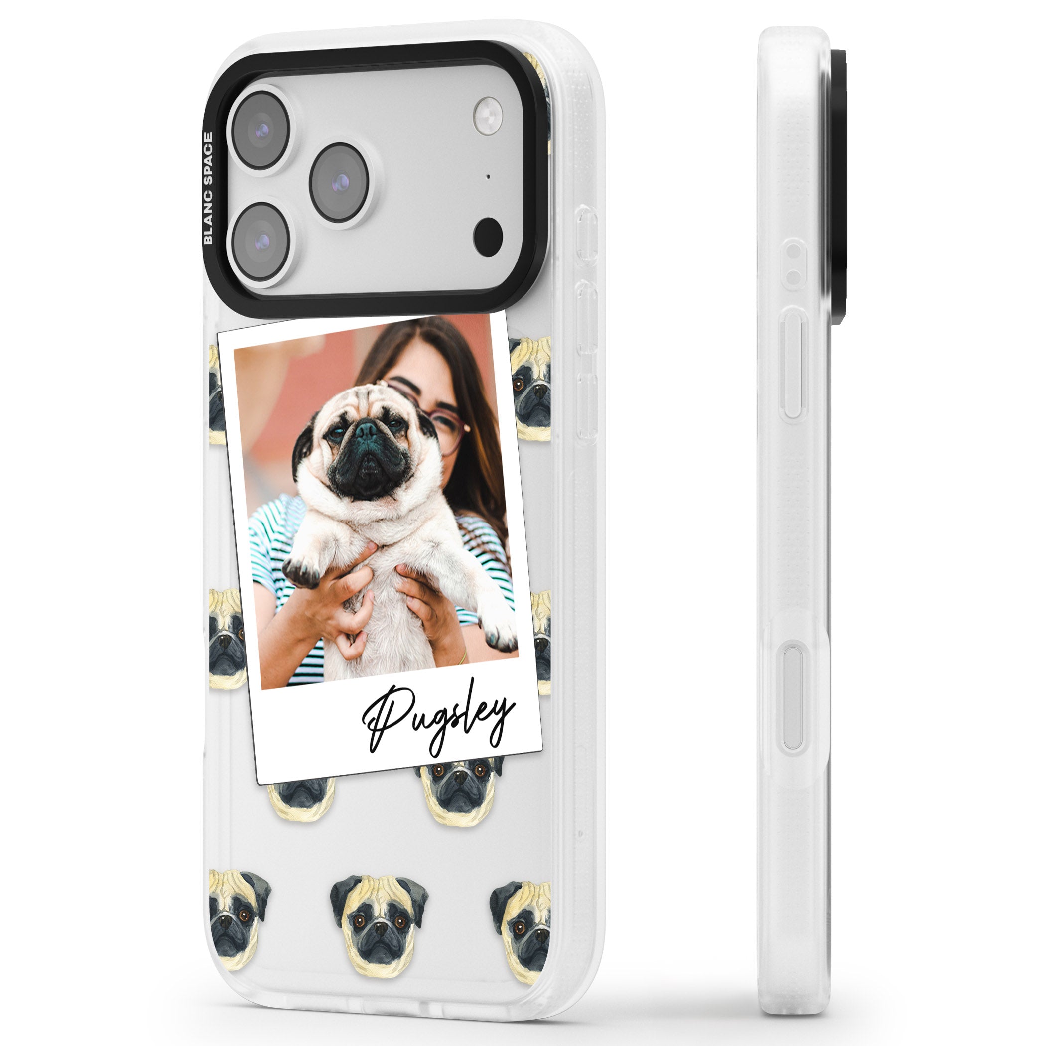 Personalised Pug Instant Camera Photo iPhone 17 Pro Max Impact Air Clear Phone Case Side Profile