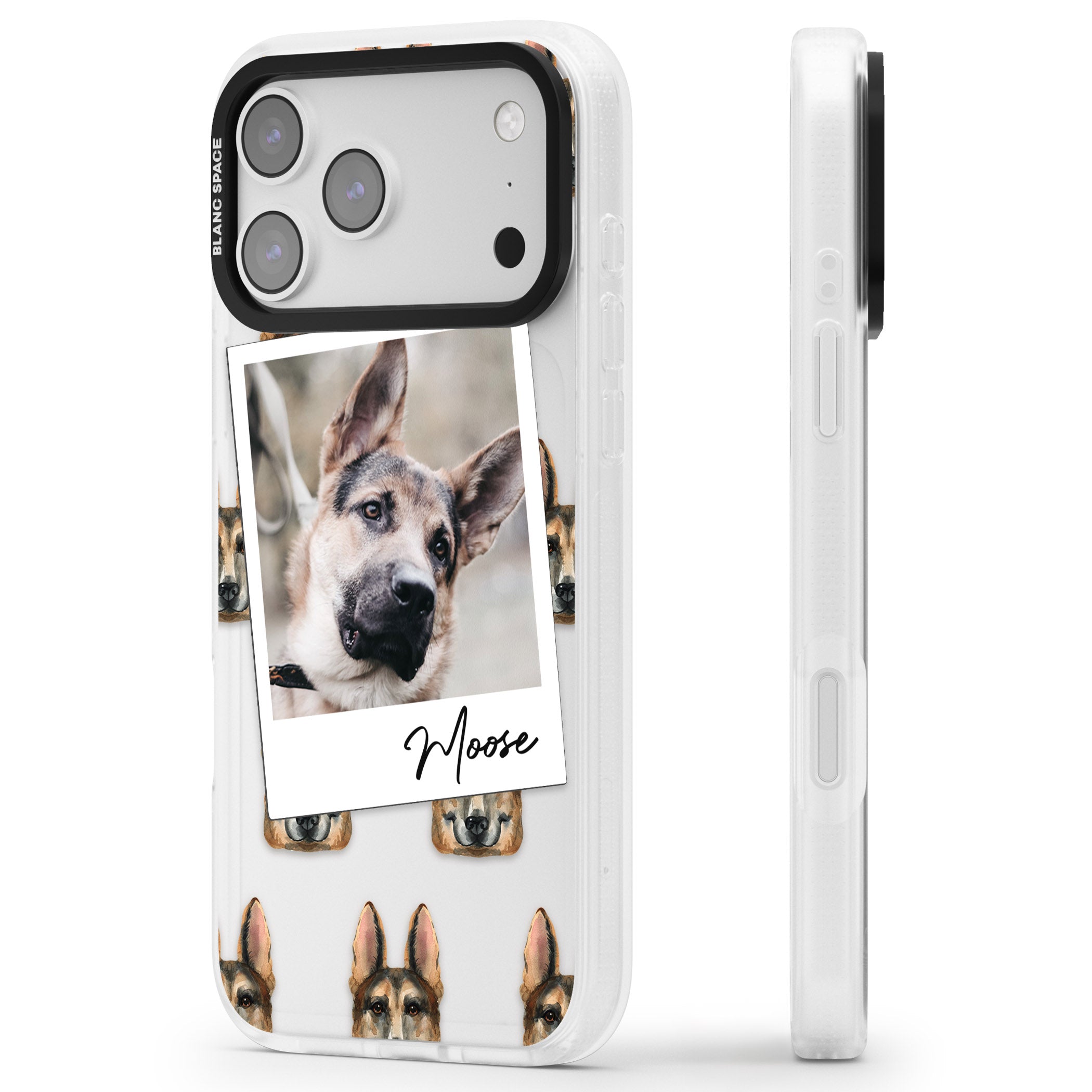 Personalised German Shepherd Instant Camera Photo iPhone 17 Pro Max Impact Air Clear Phone Case Side Profile