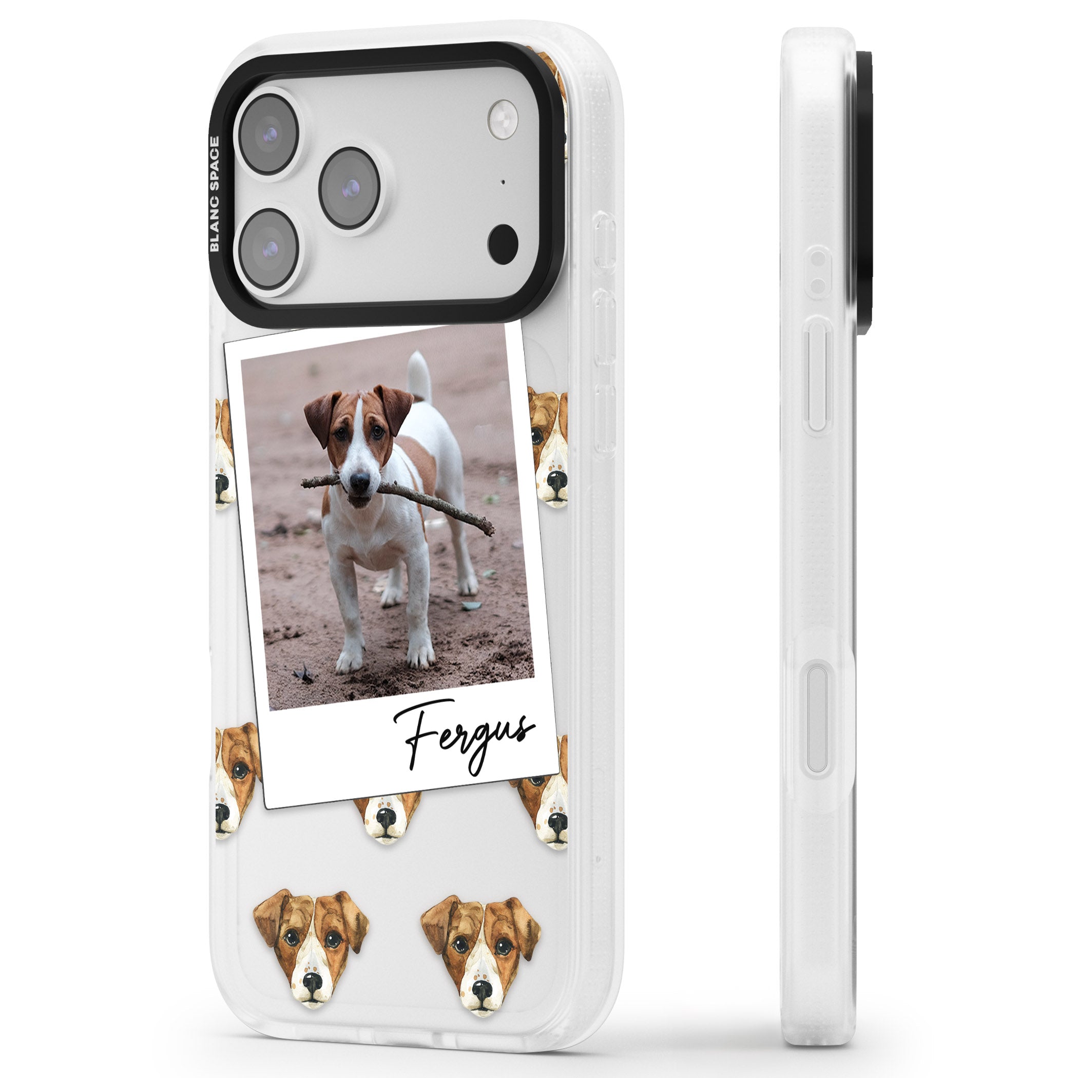 Personalised Jack Russell Instant Camera Photo iPhone 17 Pro Max Impact Air Clear Phone Case Side Profile