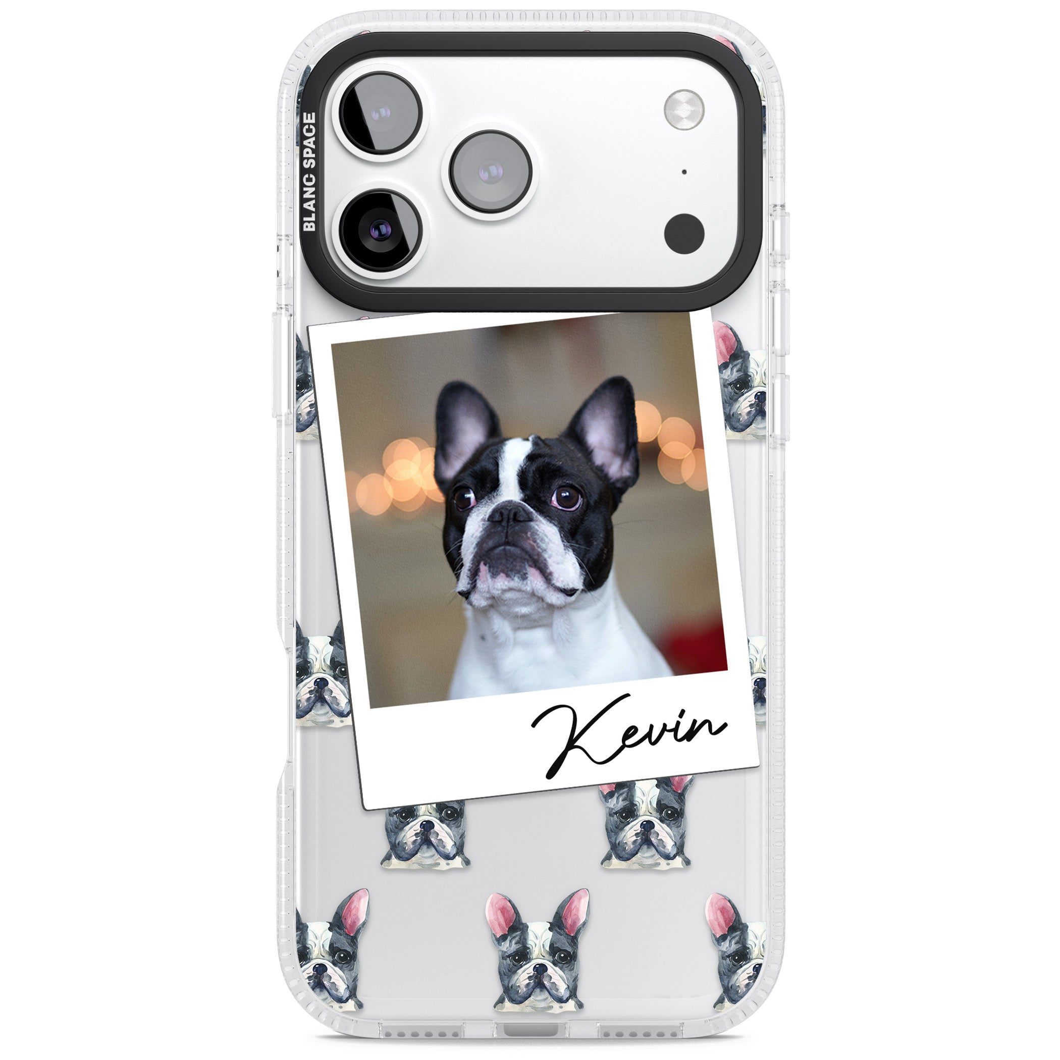 Personalised Black & White French Bulldog Instant Camera Photo iPhone 17 Pro Max Impact Air Clear Phone Case