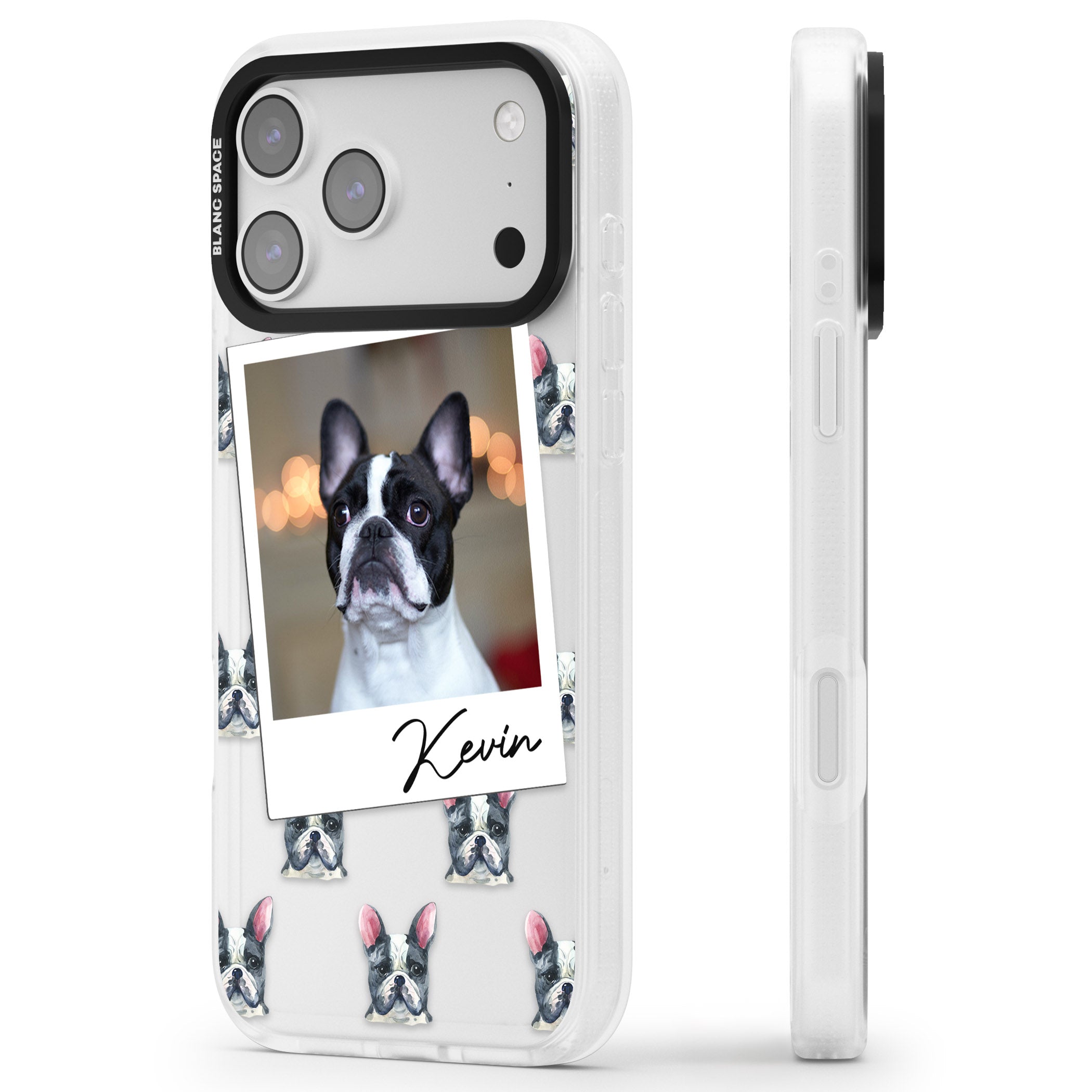Personalised Black & White French Bulldog Instant Camera Photo iPhone 17 Pro Max Impact Air Clear Phone Case Side Profile