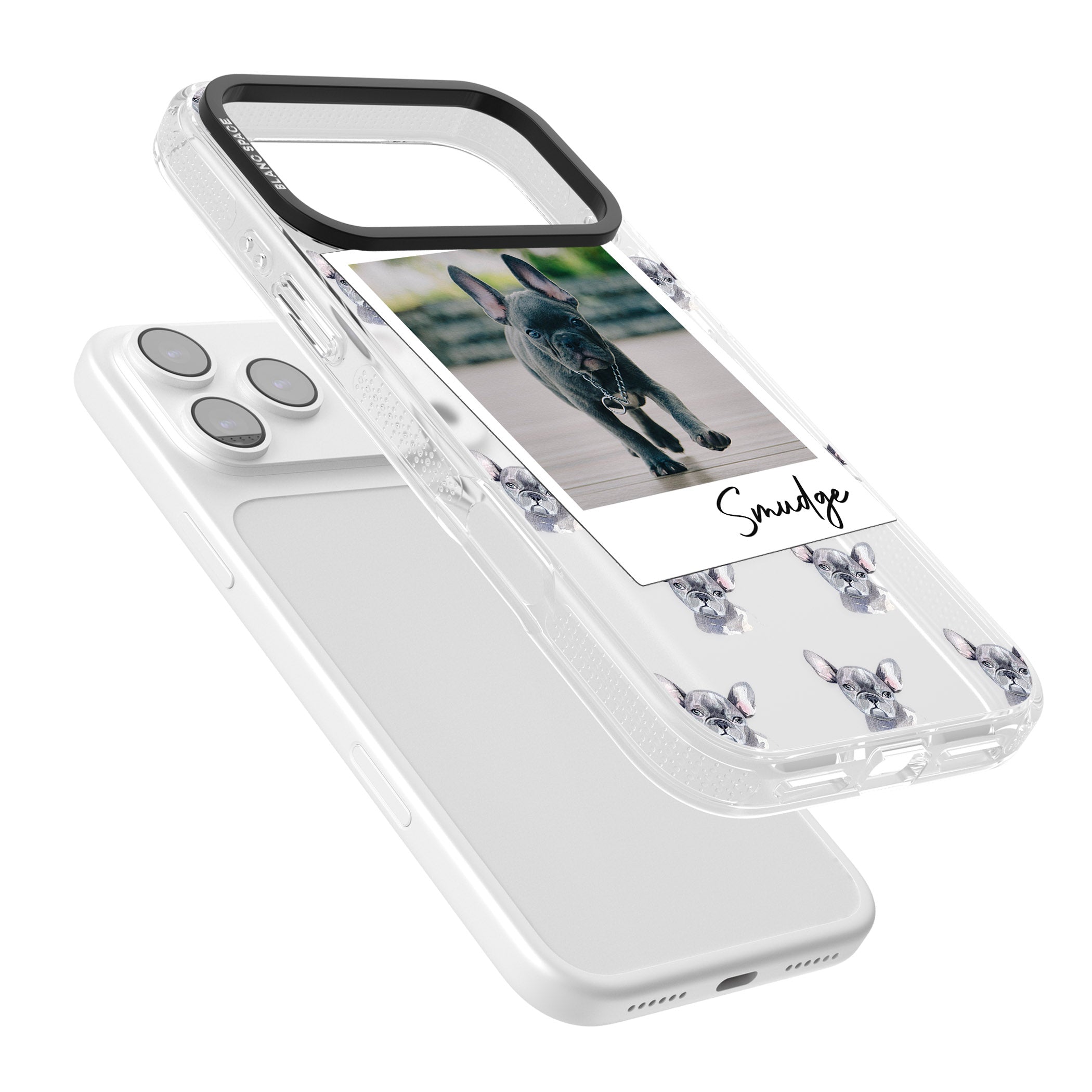 Personalised Grey French Bulldog Instant Camera Photo iPhone 17 Pro Max Impact Air Clear Phone Case Colours