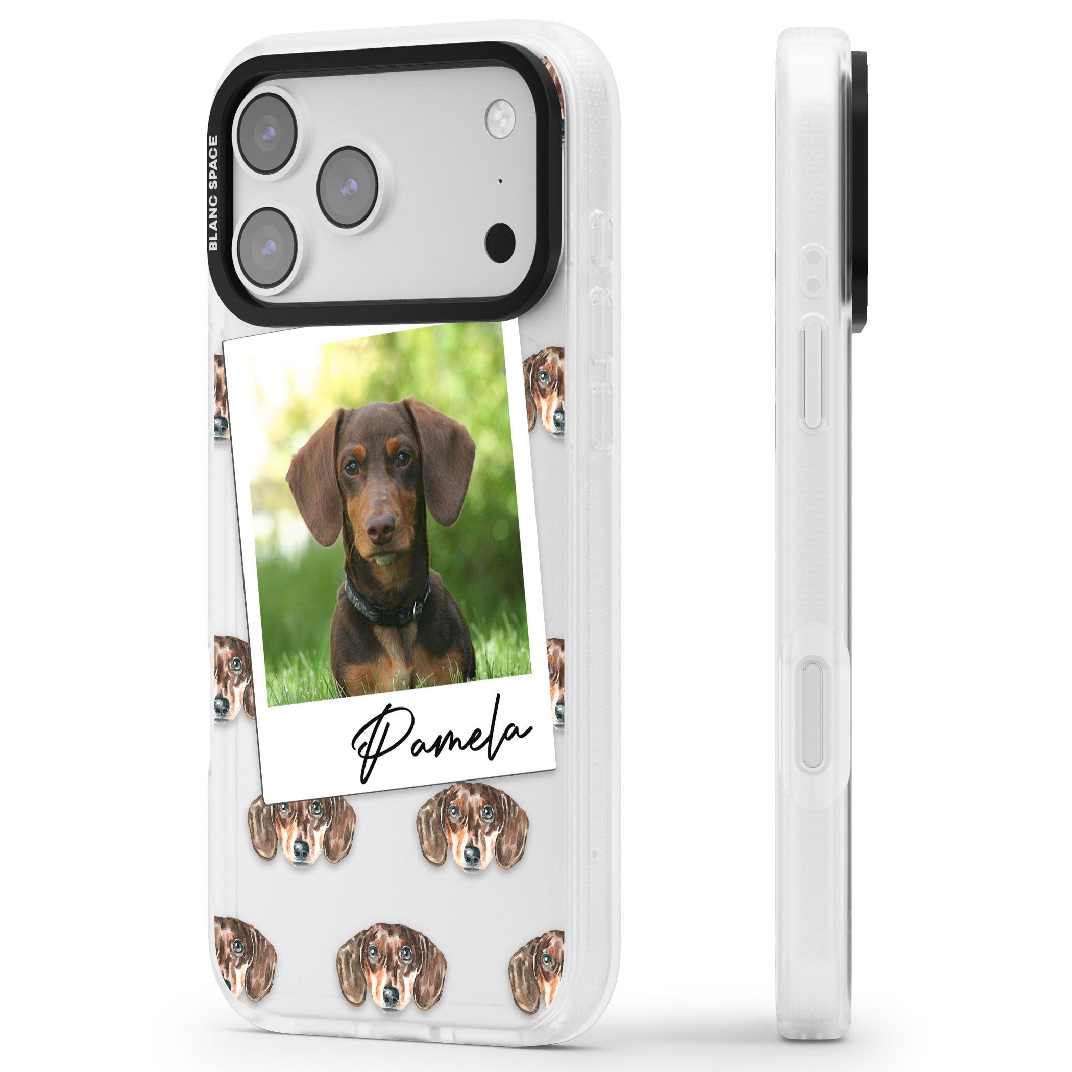 Personalised Brown Dachshund Instant Camera Photo iPhone 17 Pro Max Impact Air Clear Phone Case Side Profile