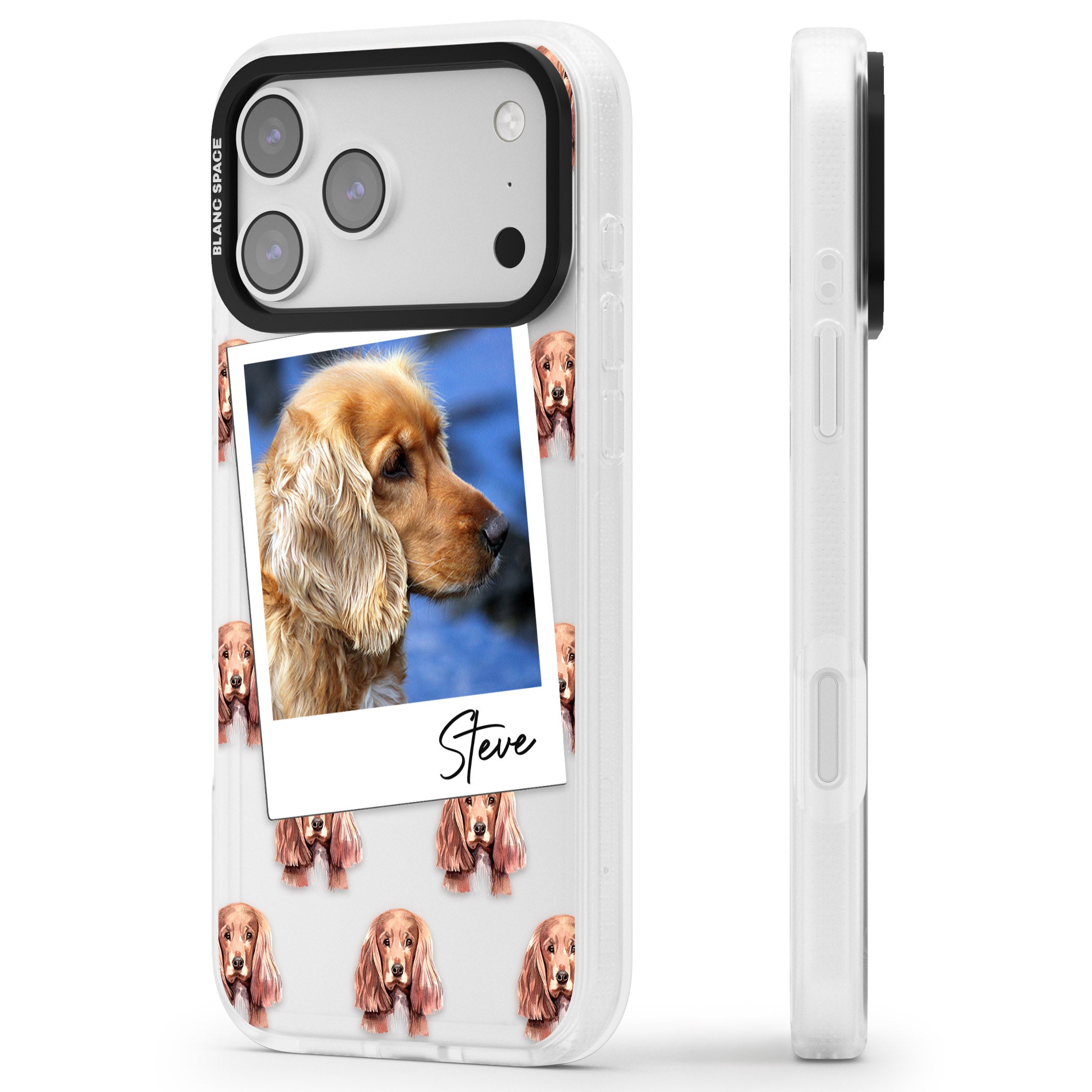 Personalised Cocker Spaniel Instant Camera Photo iPhone 17 Pro Max Impact Air Clear Phone Case Side Profile