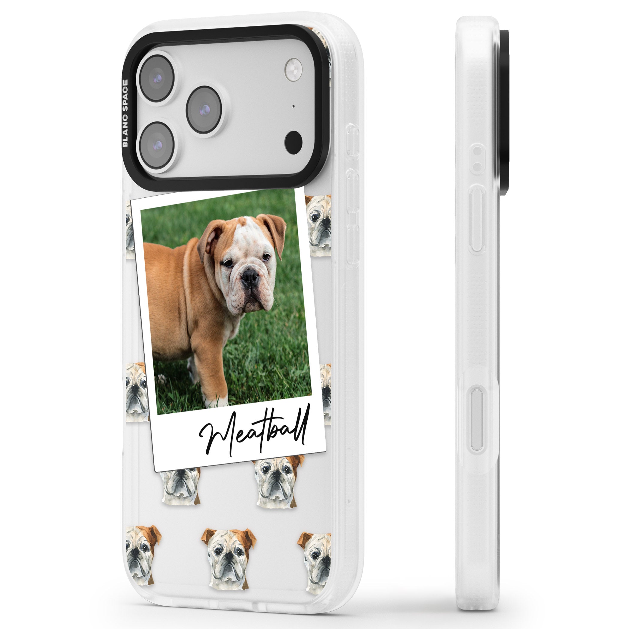 Personalised English Bulldog Instant Camera Photo iPhone 17 Pro Max Impact Air Clear Phone Case Side Profile