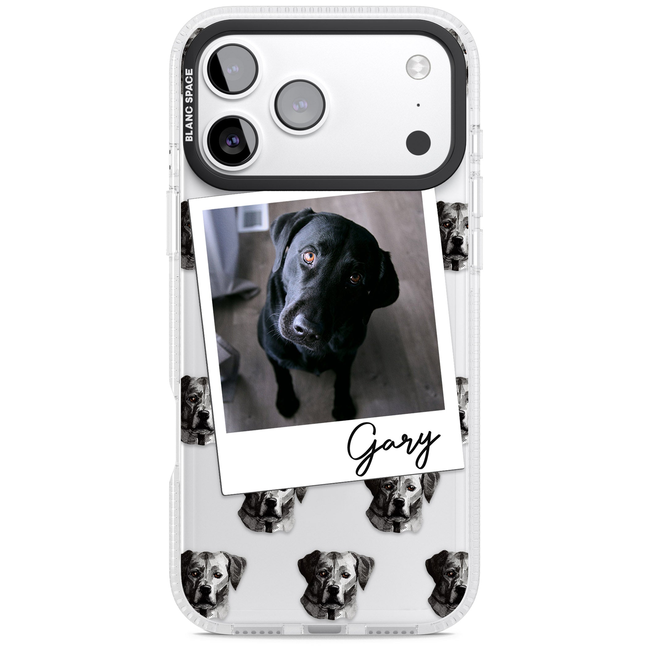Personalised Black Labrador Instant Camera Photo iPhone 17 Pro Max Impact Air Clear Phone Case