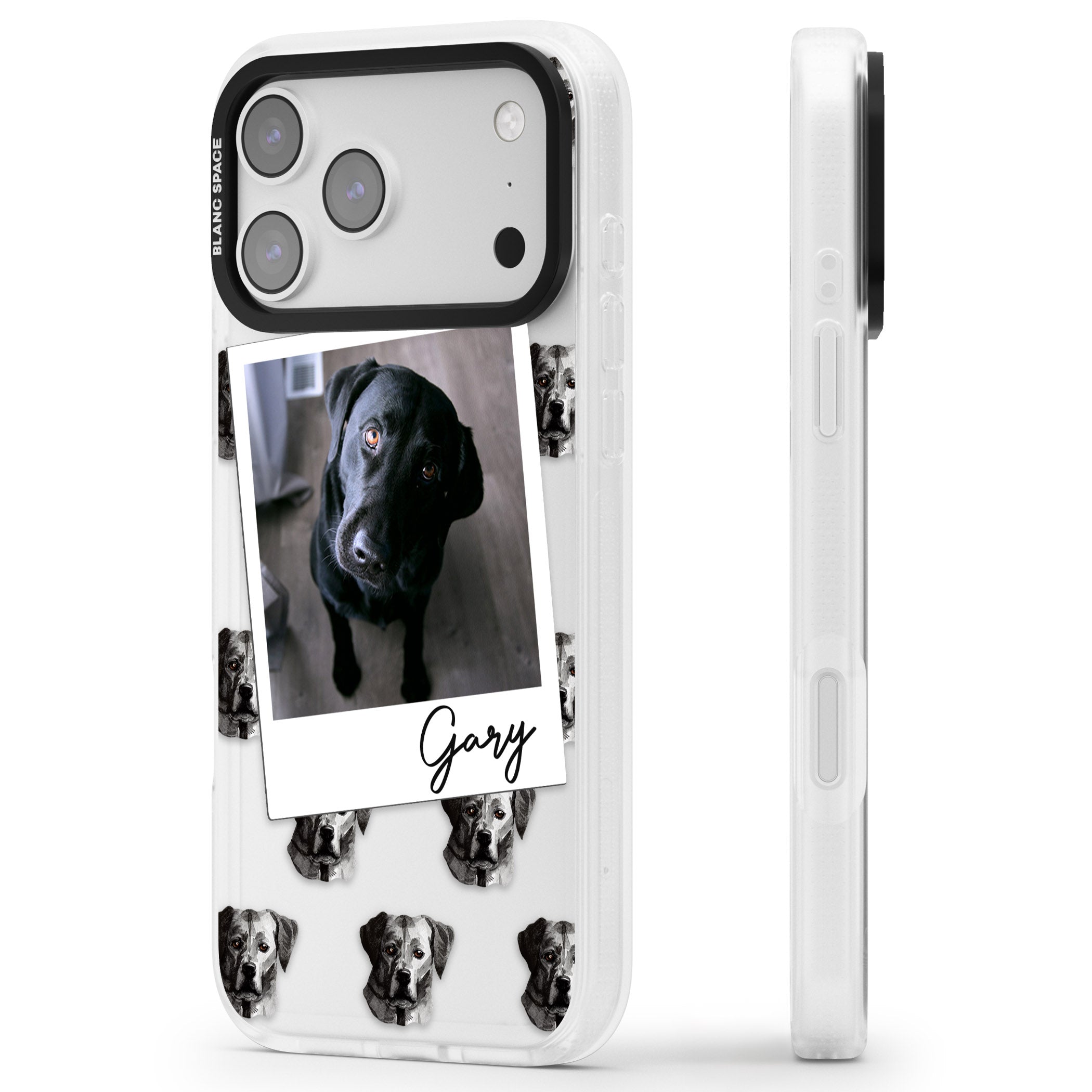 Personalised Black Labrador Instant Camera Photo iPhone 17 Pro Max Impact Air Clear Phone Case Side Profile