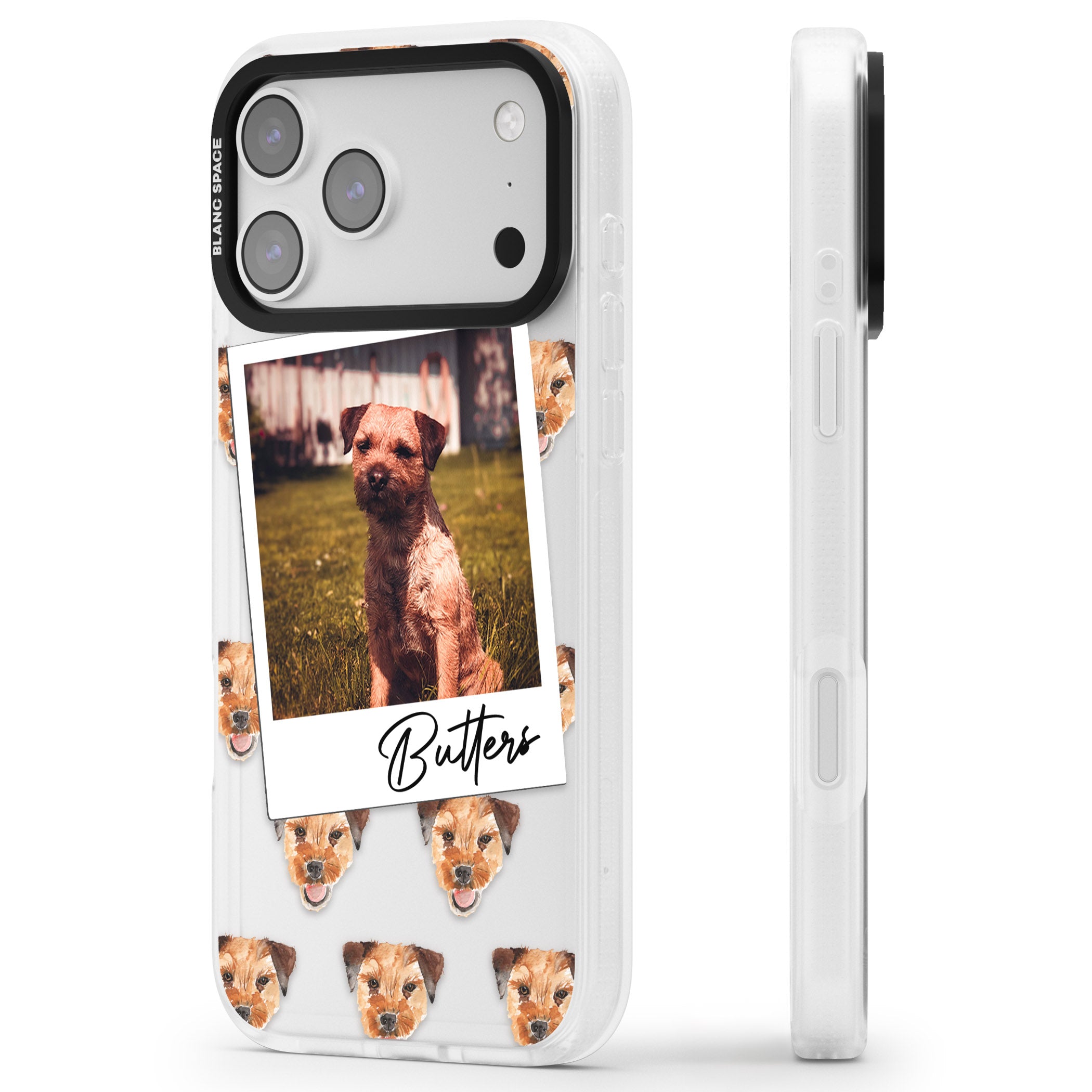 Personalised Border Terrier Instant Camera Photo iPhone 17 Pro Max Impact Air Clear Phone Case Side Profile