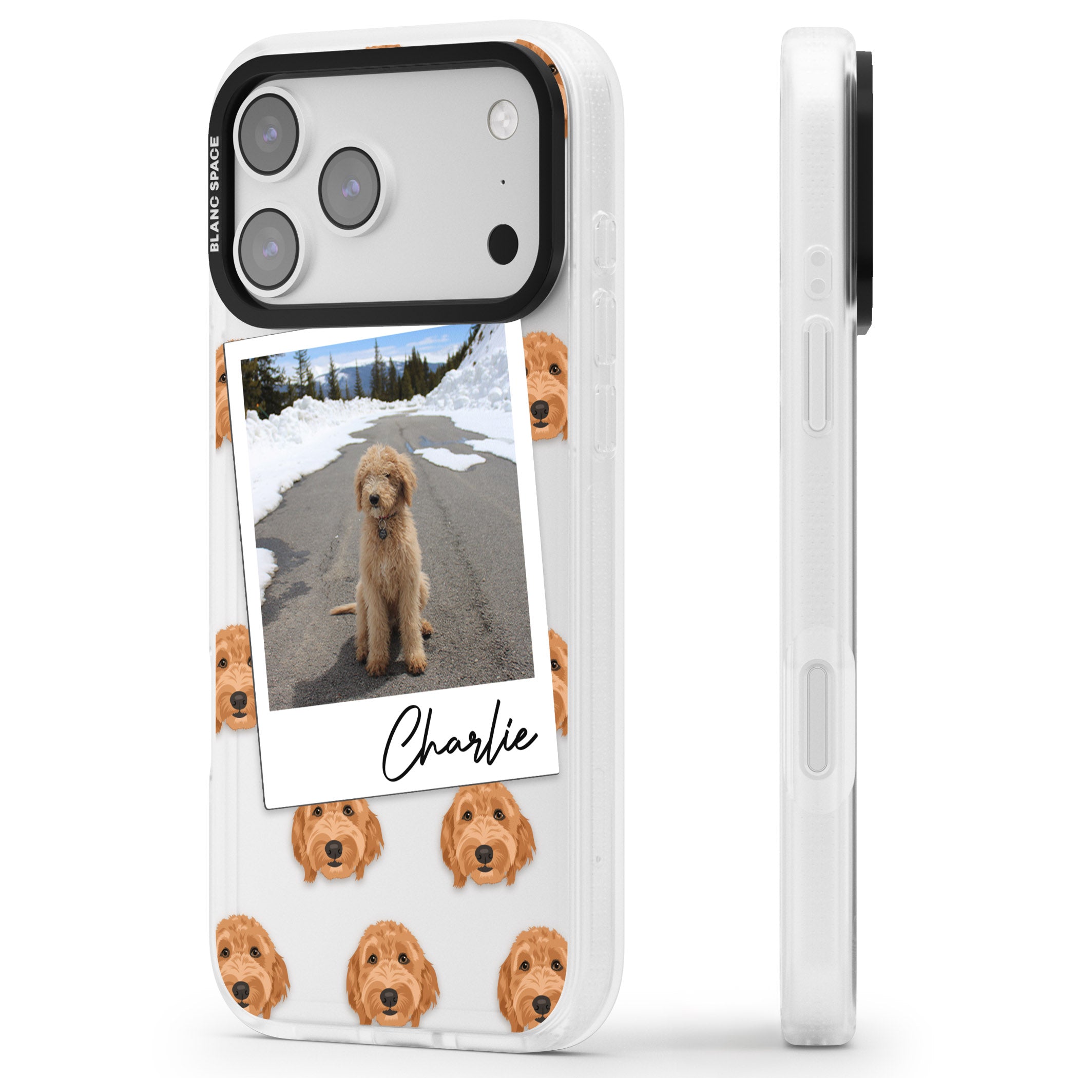 Personalised Golden Doodle Dog Photo iPhone 17 Pro Max Impact Air Clear Phone Case Side Profile