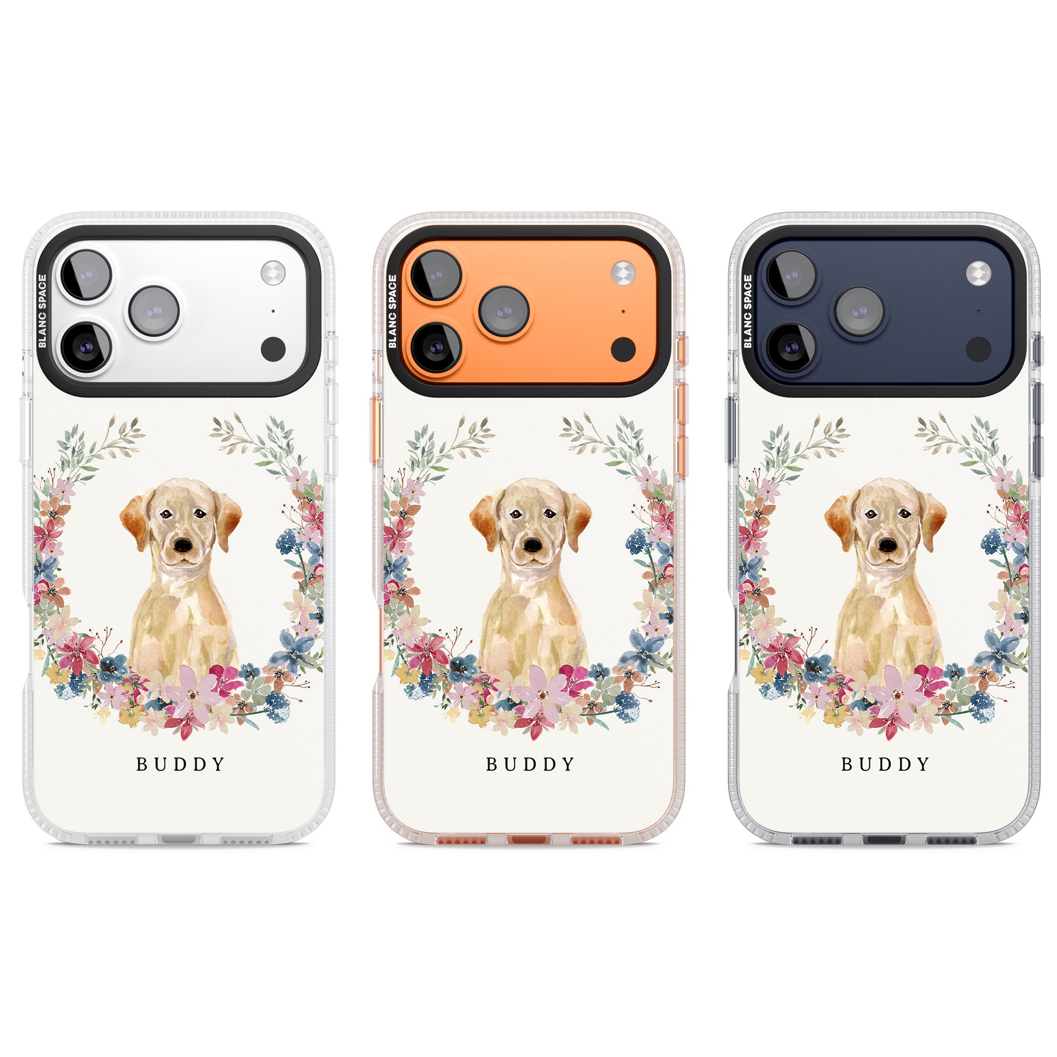 Personalised Yellow Labrador Retriever Floral Portrait iPhone 17 Pro Impact Air Clear Phone Case APT Impact Protection