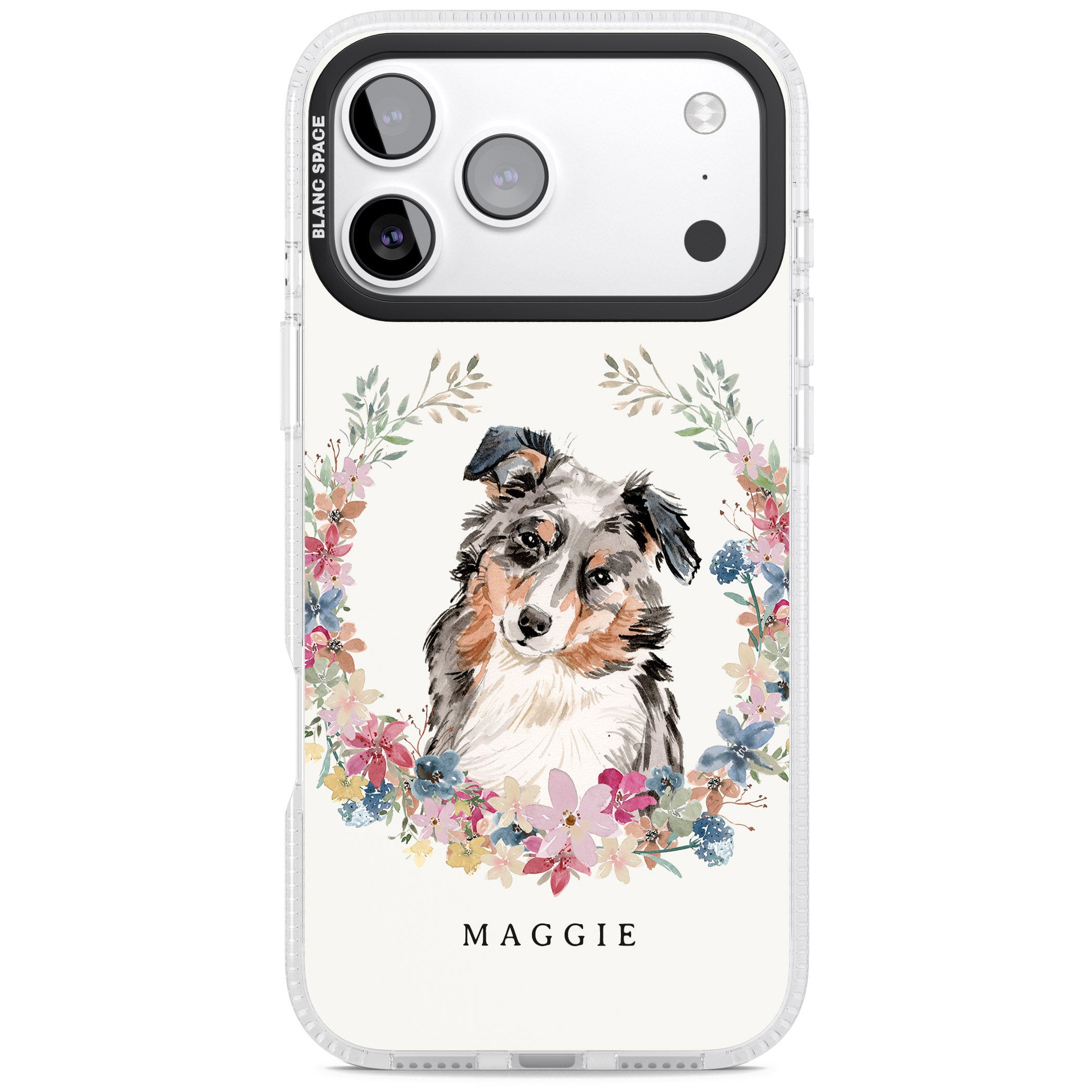 Personalised Australian Shepherd Floral Portrait iPhone 17 Pro Max Impact Air Clear Phone Case