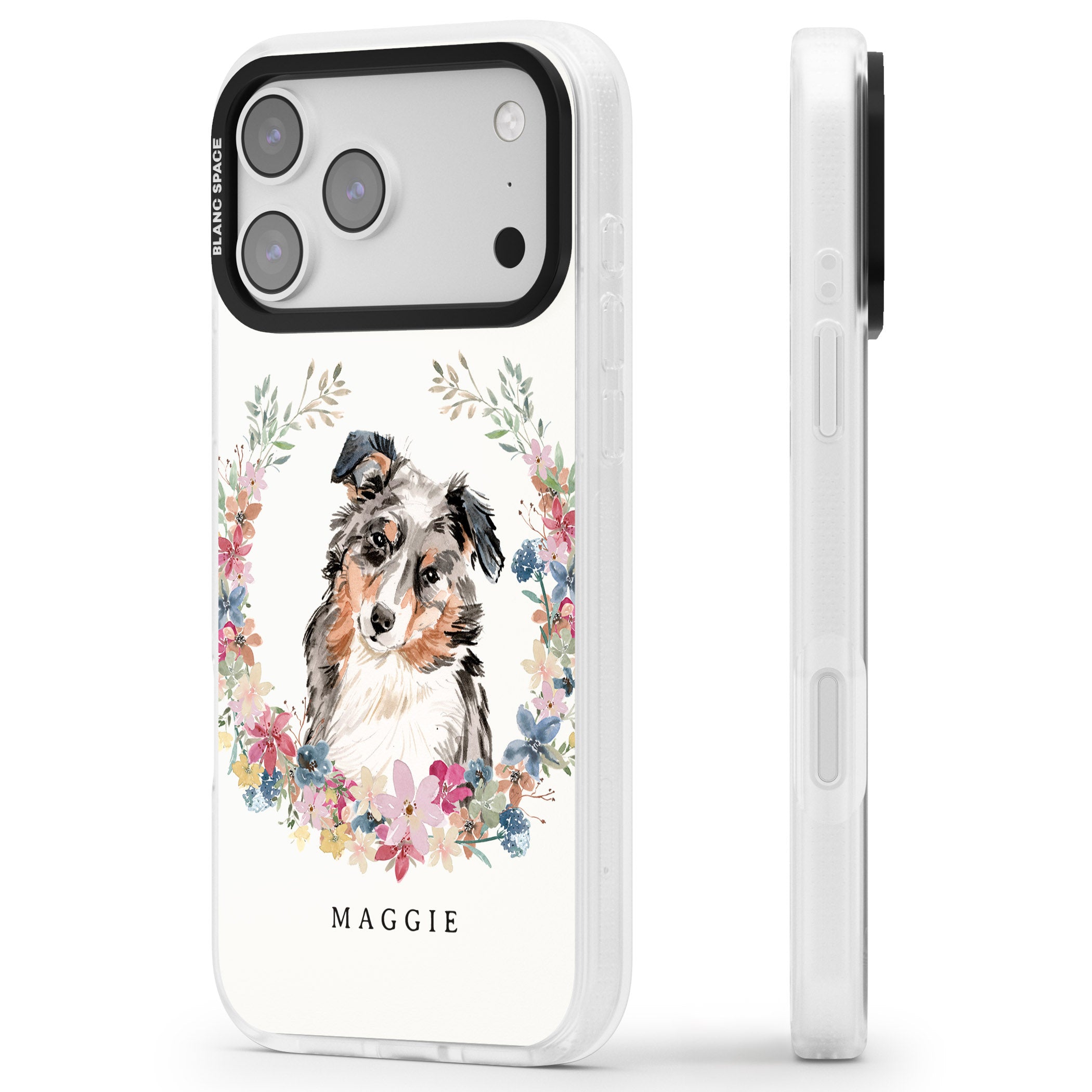 Personalised Australian Shepherd Floral Portrait iPhone 17 Pro Max Impact Air Clear Phone Case Side Profile